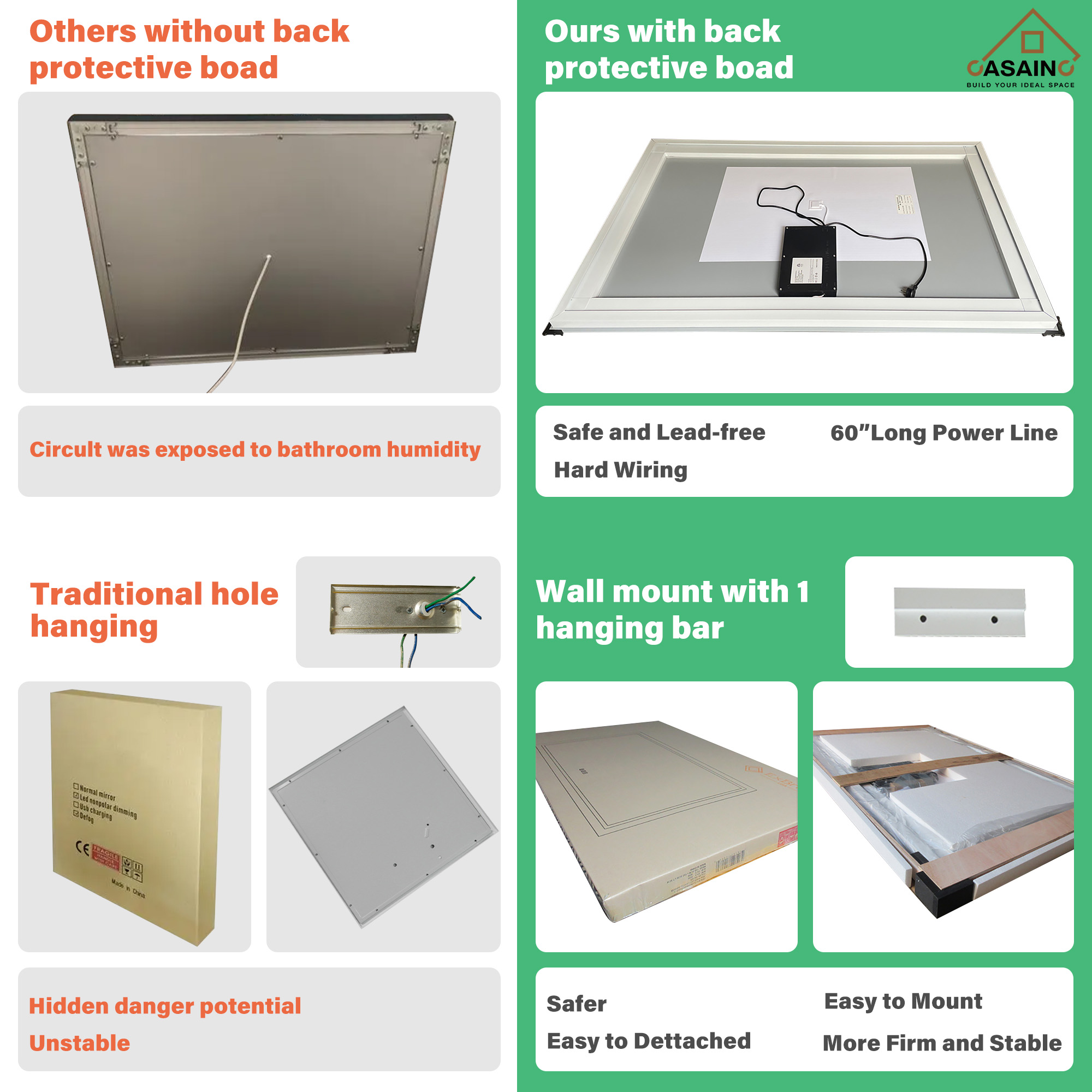 Frameless Rectangular LED Bathroom Mirror with Anti-Fog, Shatter-Proof