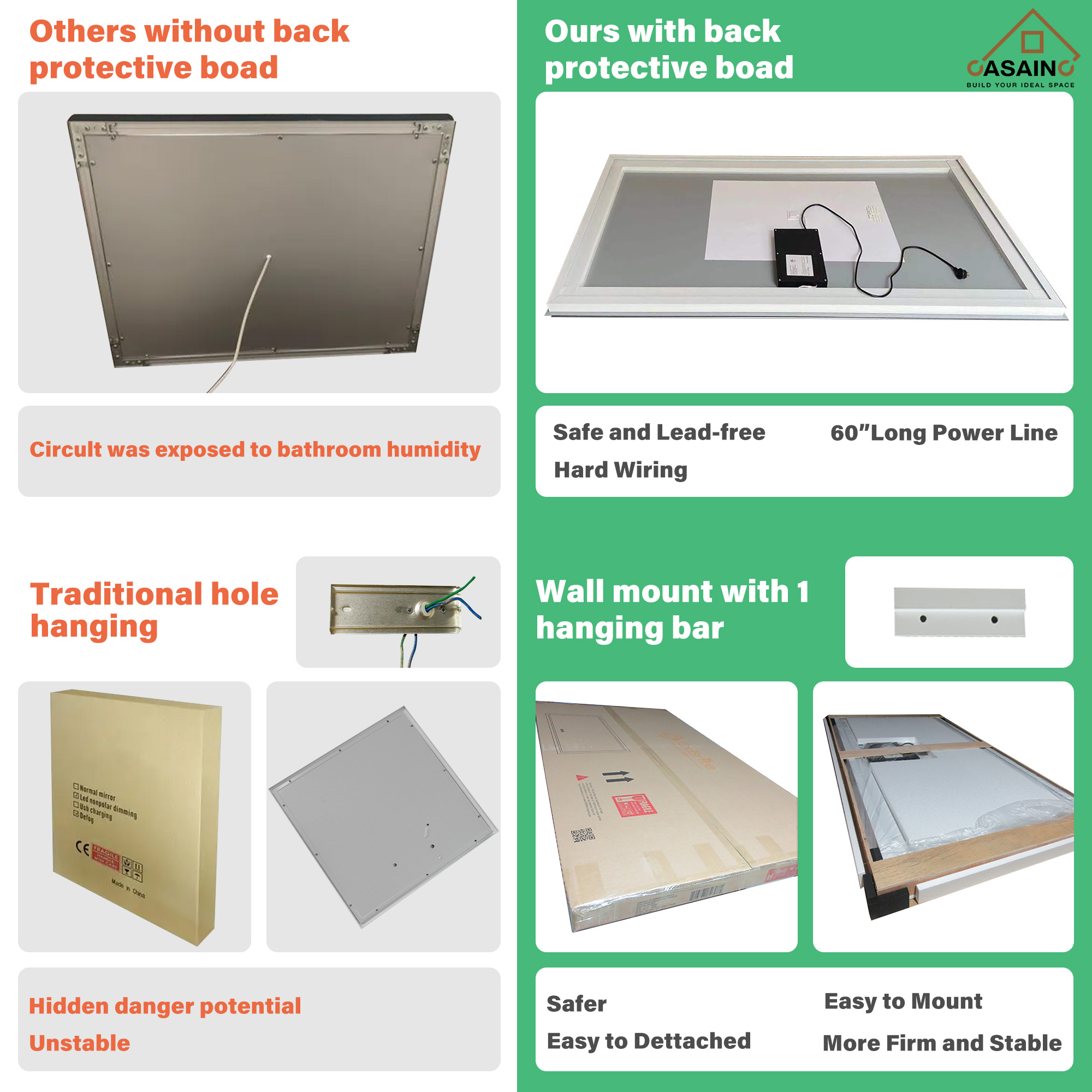 Frameless Rectangular LED Bathroom Mirror with Anti-Fog, Shatter-Proof