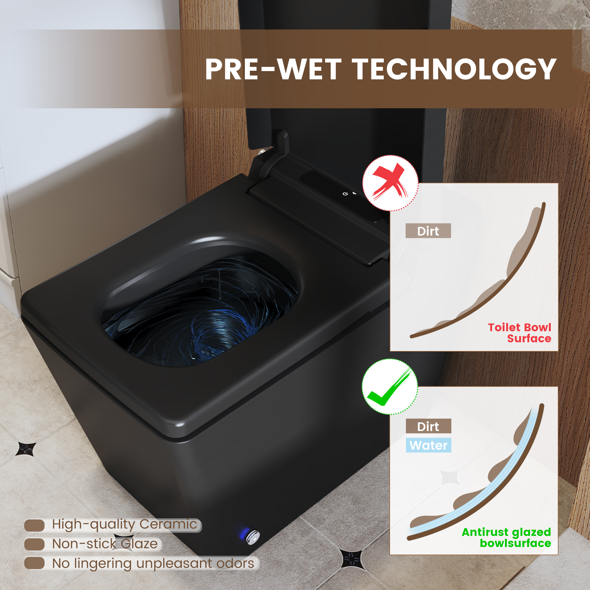 Square Smart Bidet Toilet with Heated Seat and Radar Sensor Lid