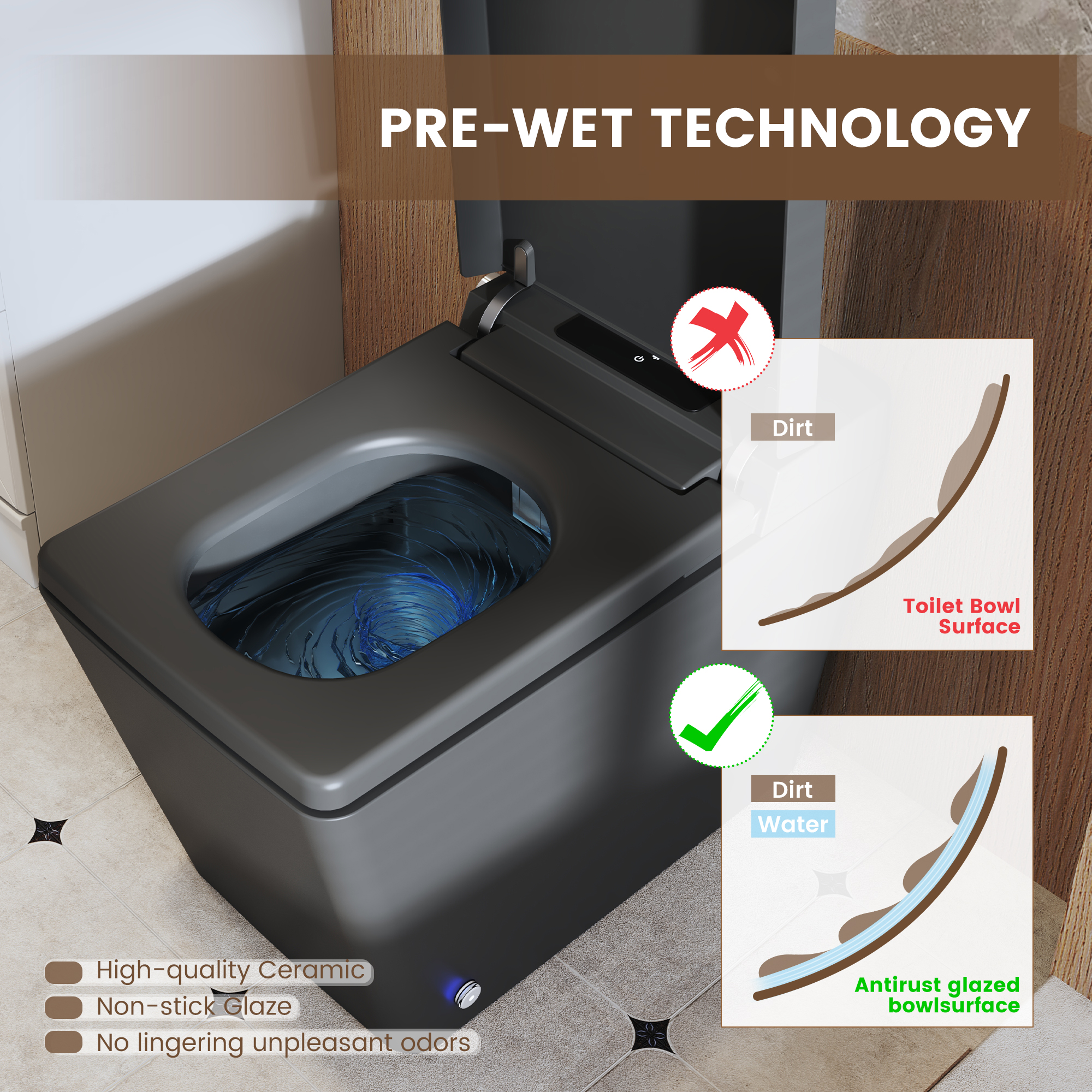 Square Smart Bidet Toilet with Heated Seat and Radar Sensor Lid