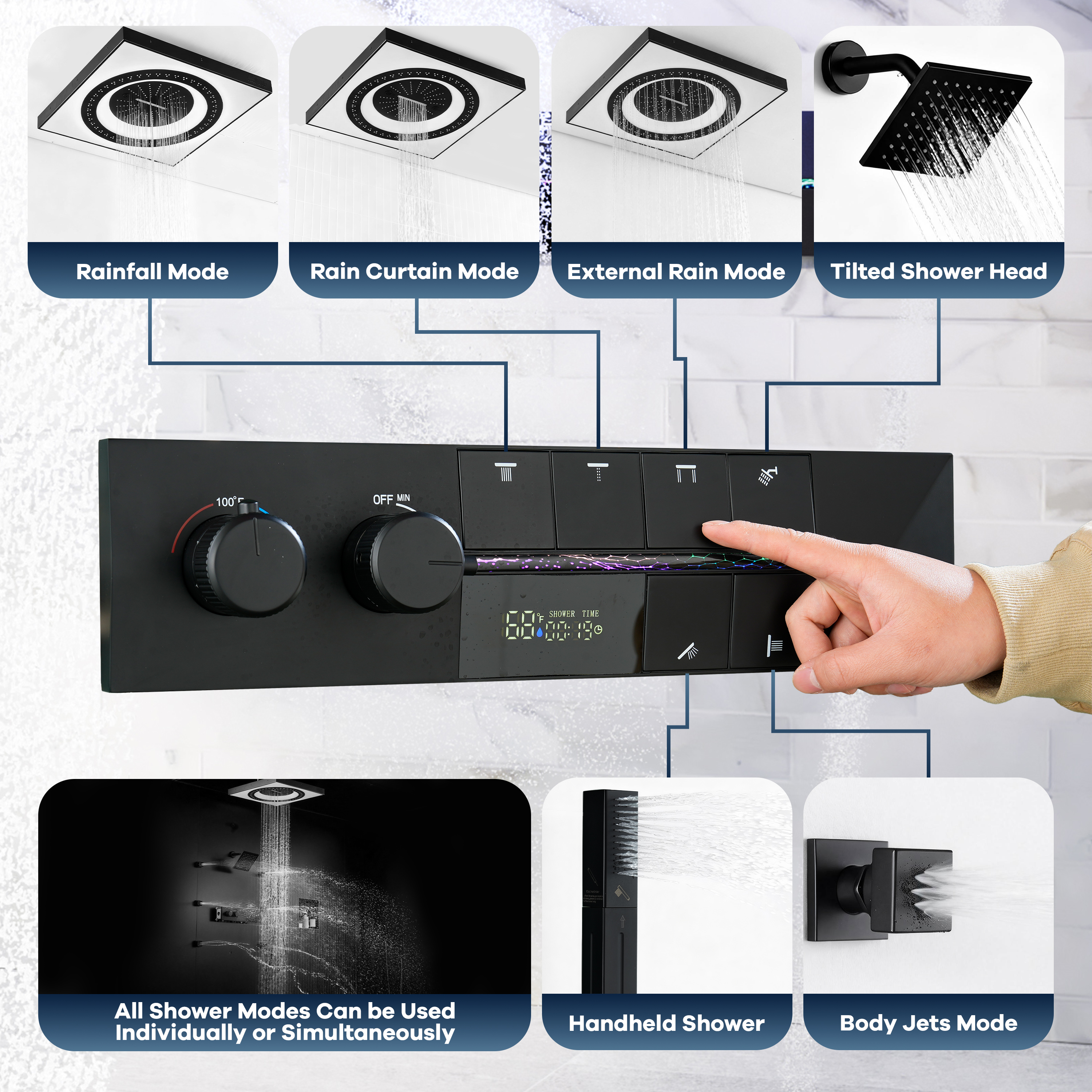 24-inch 6-Function Thermostatic Shower System with LED Light & Body Jet & Slide Bar