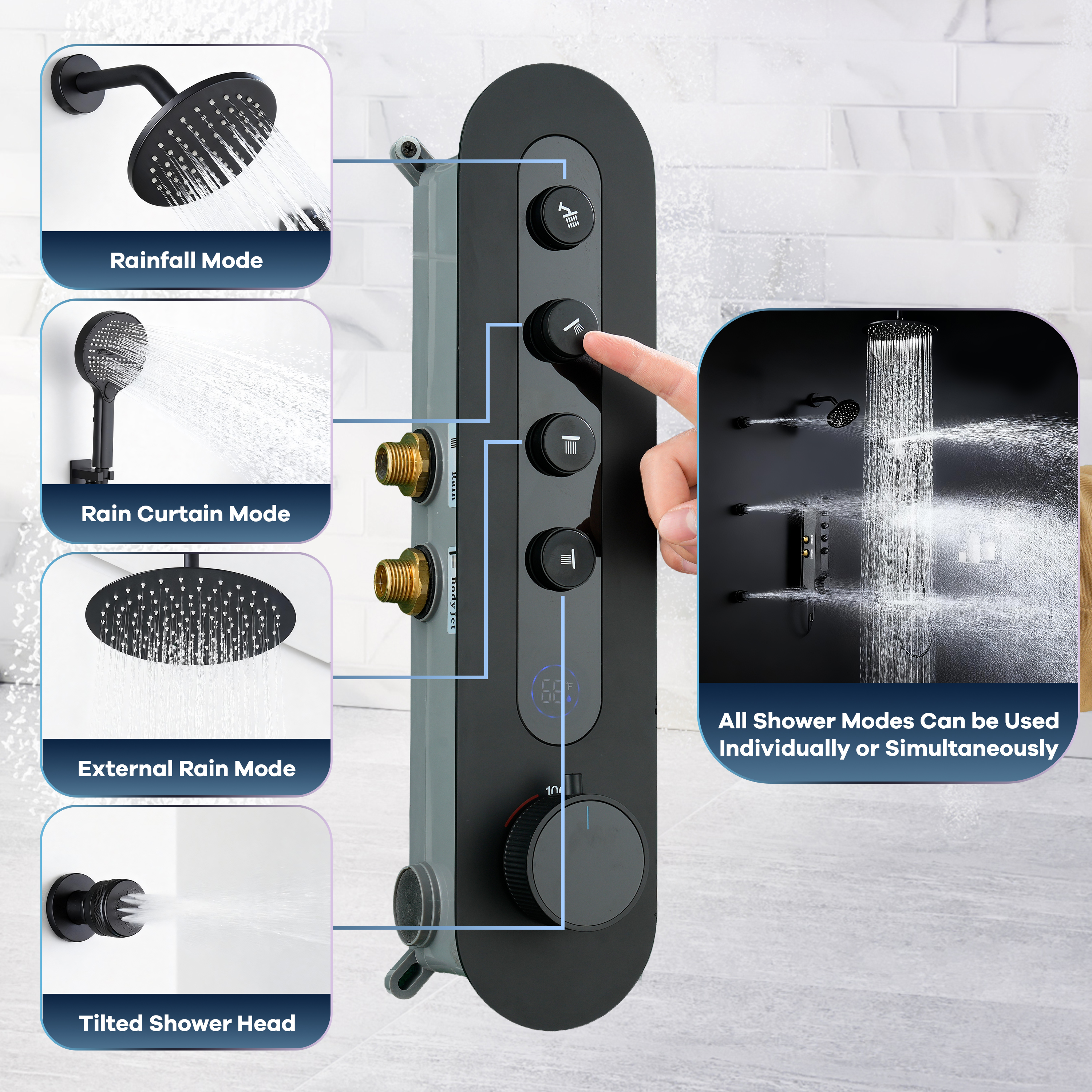 12-inch 4-Function Thermostatic Shower System with Digital Display & Body Jet