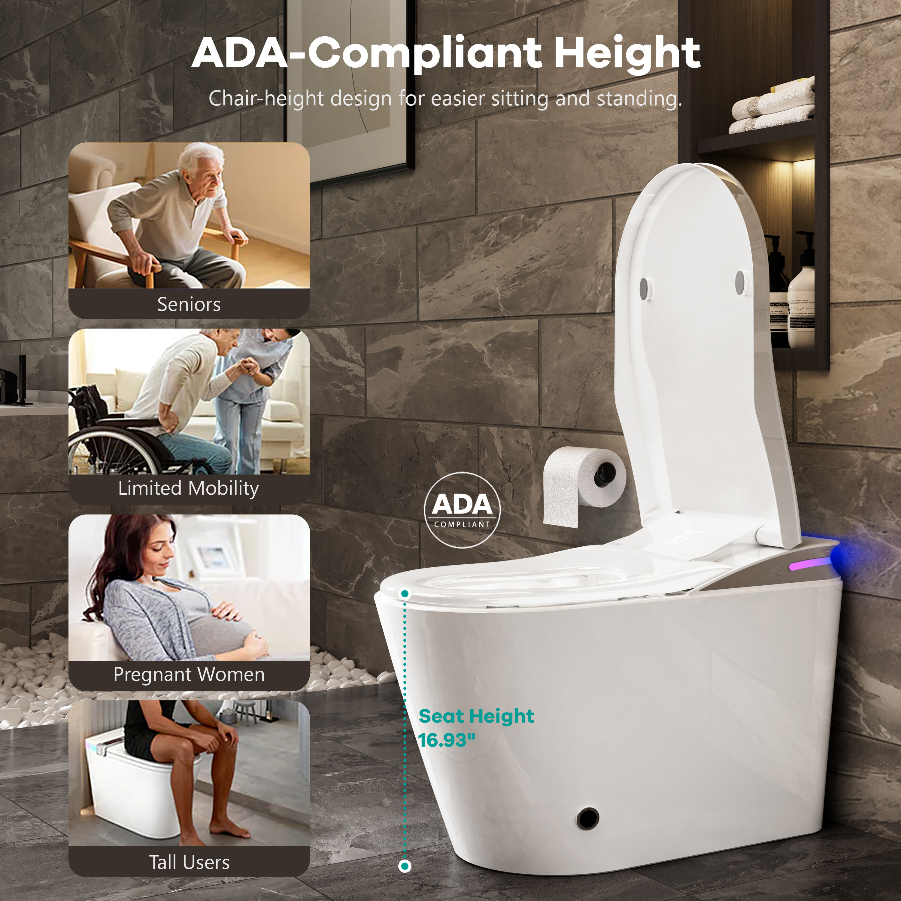 One-Piece Chair Height Elongated Smart Bidet Toilet with Auto Lid, Foam Shield Protection & Dual Flush