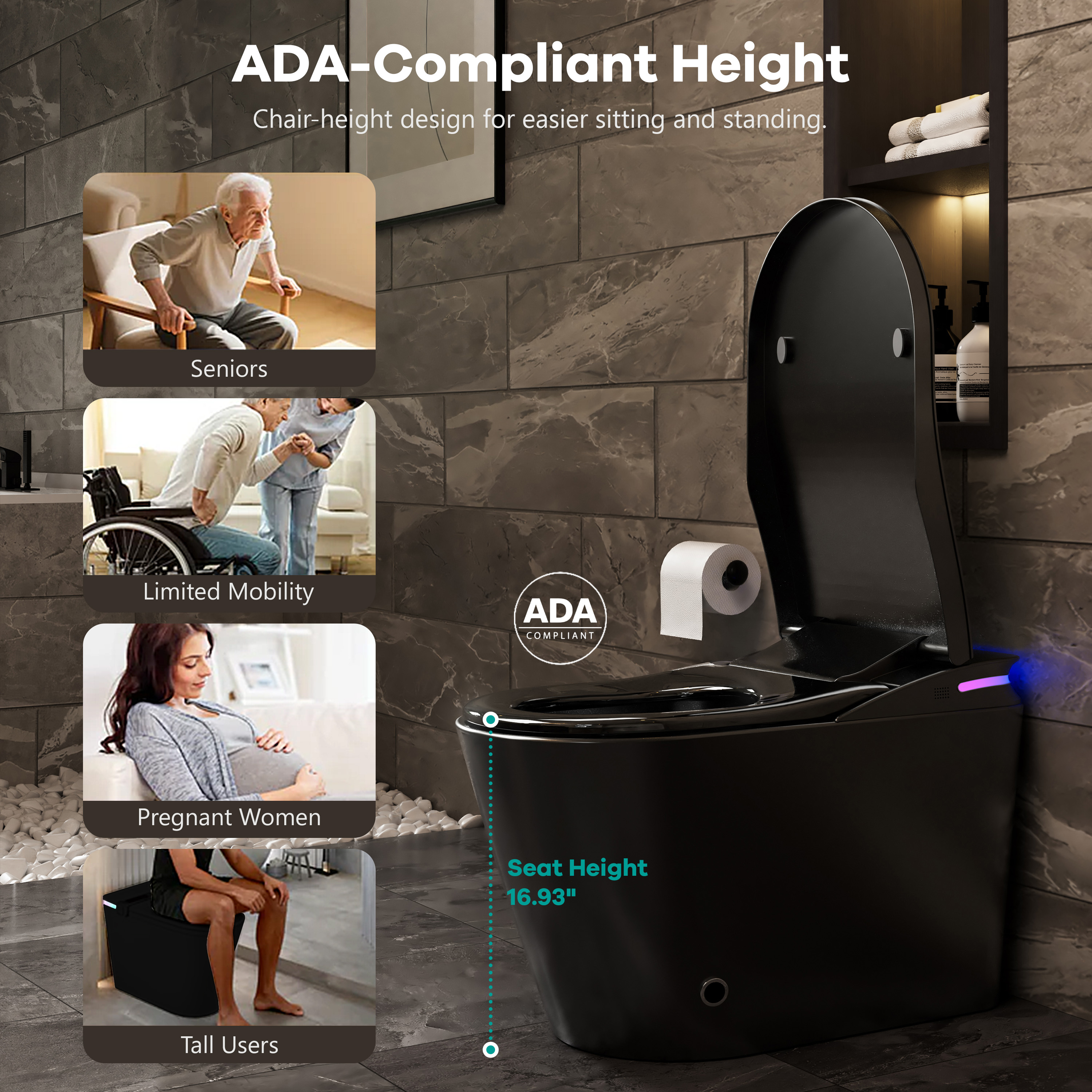 One-Piece Chair Height Elongated Smart Bidet Toilet with Auto Lid, Foam Shield Protection & Dual Flush