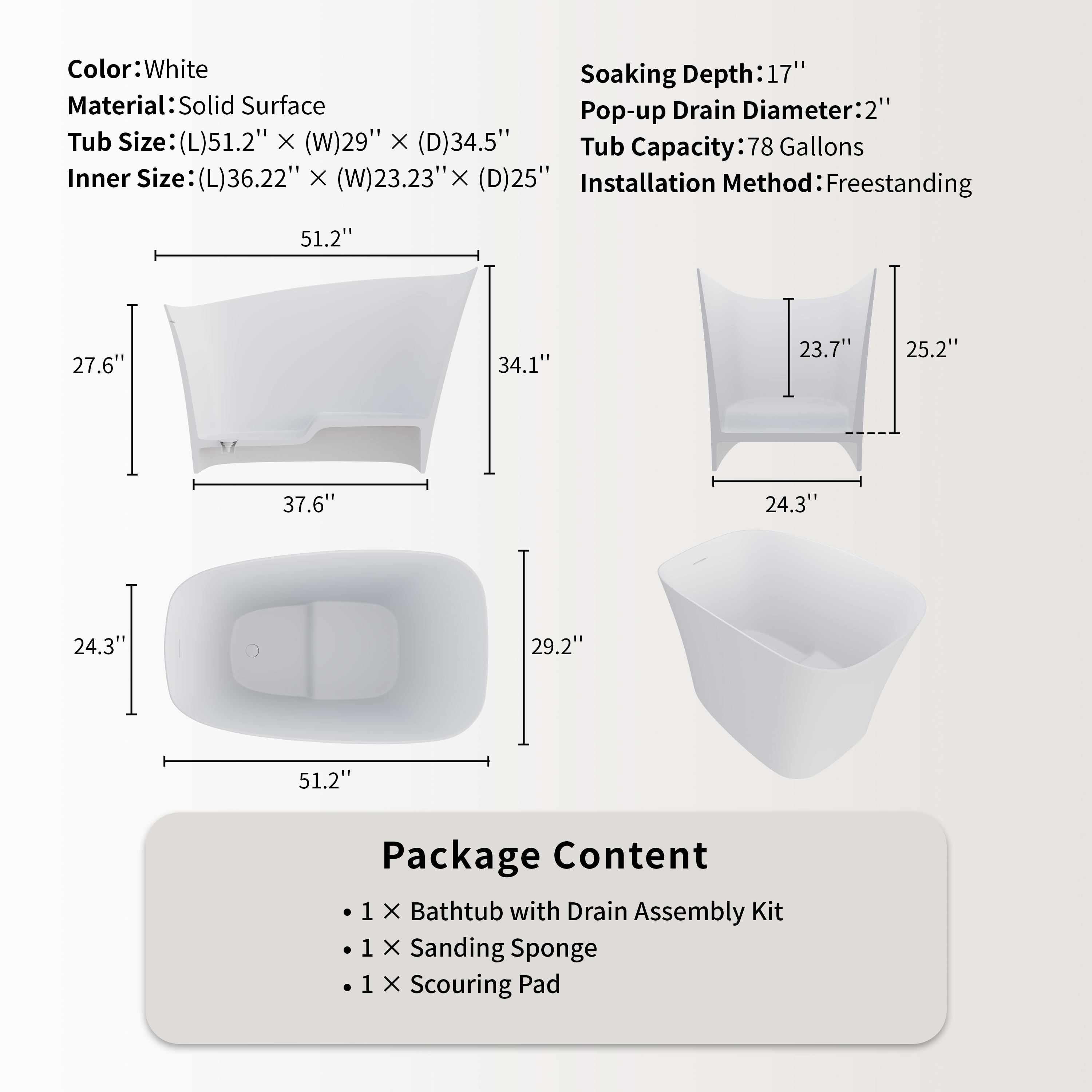 51" Matte White Solid Surface Freestanding Bathtub with Integrated Seat