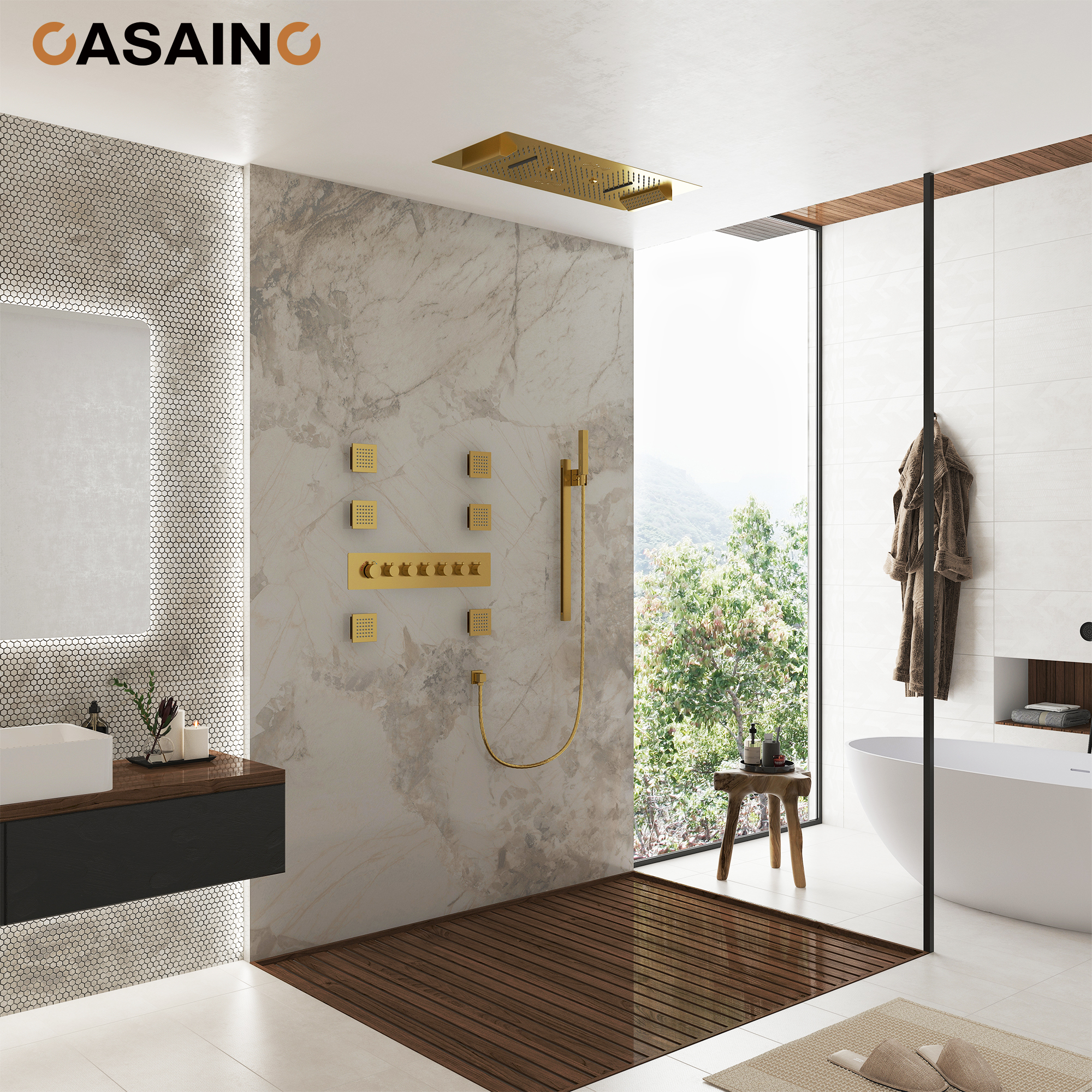 Rectangle Thermostatic Complete Shower System with LED Lights & Slide Bar