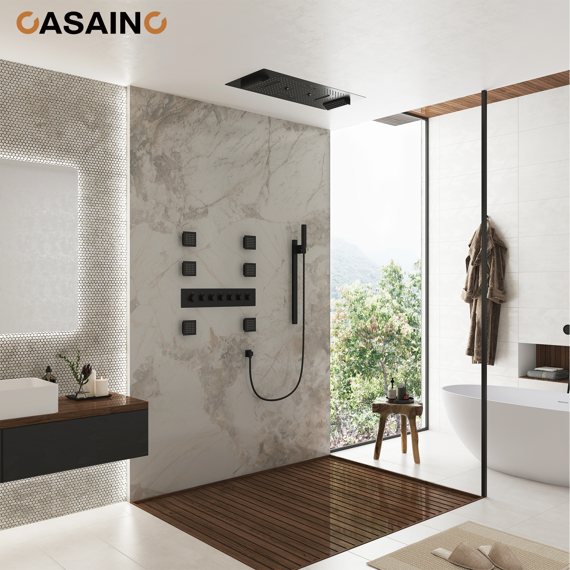 Rectangle Thermostatic Complete Shower System with LED Lights & Slide Bar