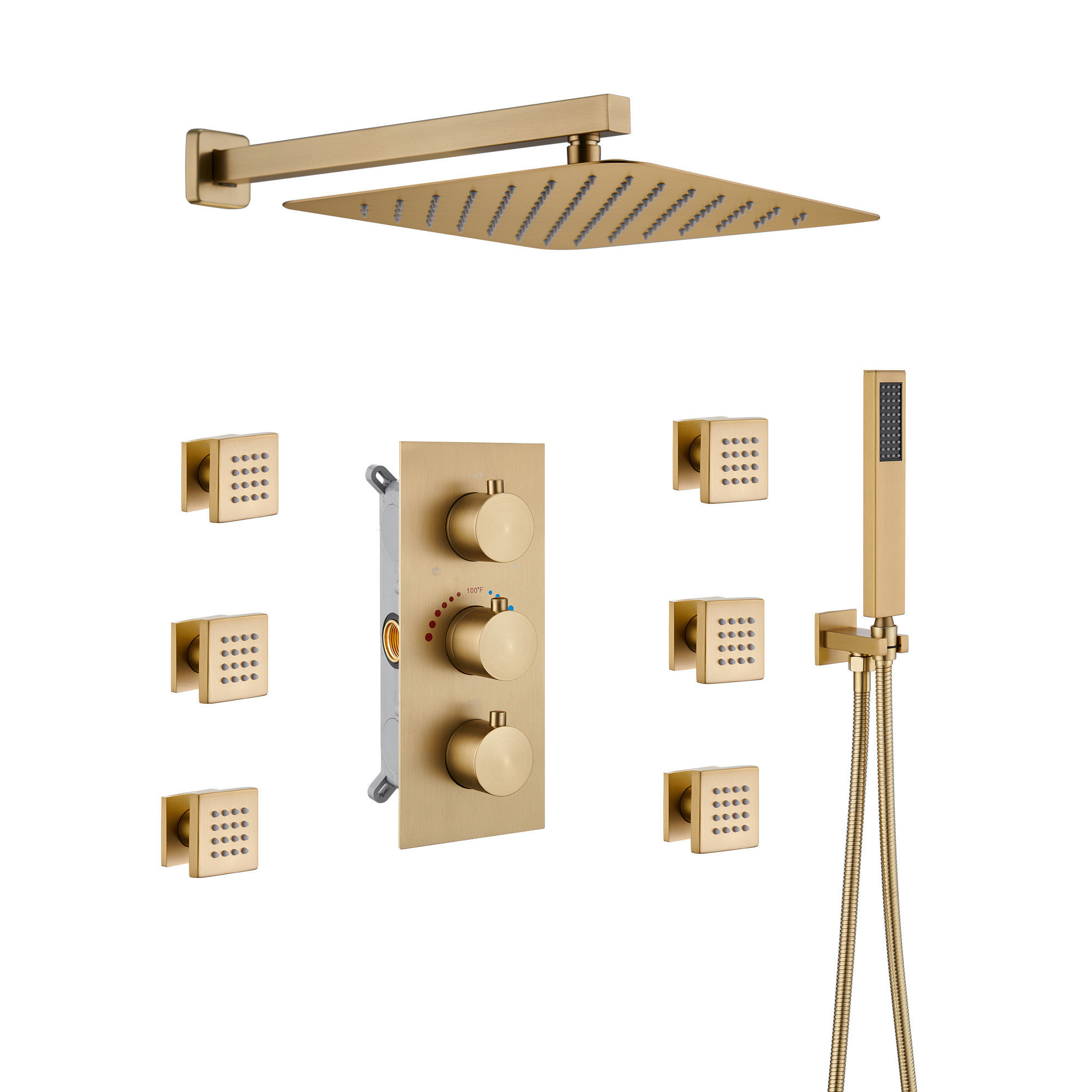 12" Wall-Mounted Thermostatic Shower System with Body Jets in Brushed Gold