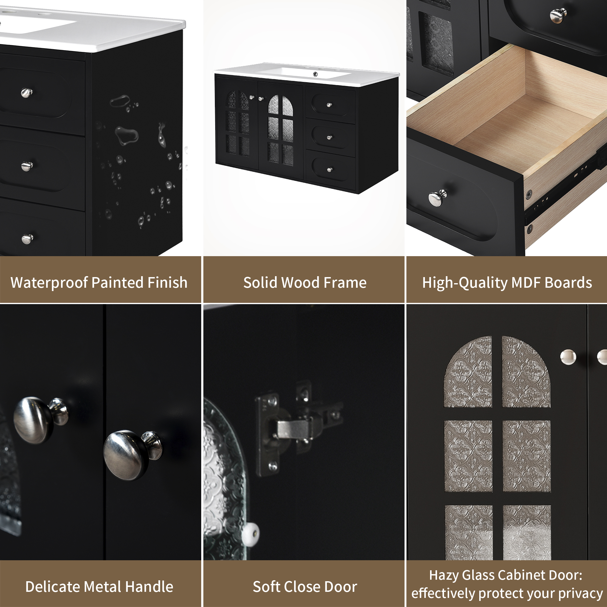 36" Wall Mounted Bathroom Vanity with Ceramic Sink & 3 Drawers