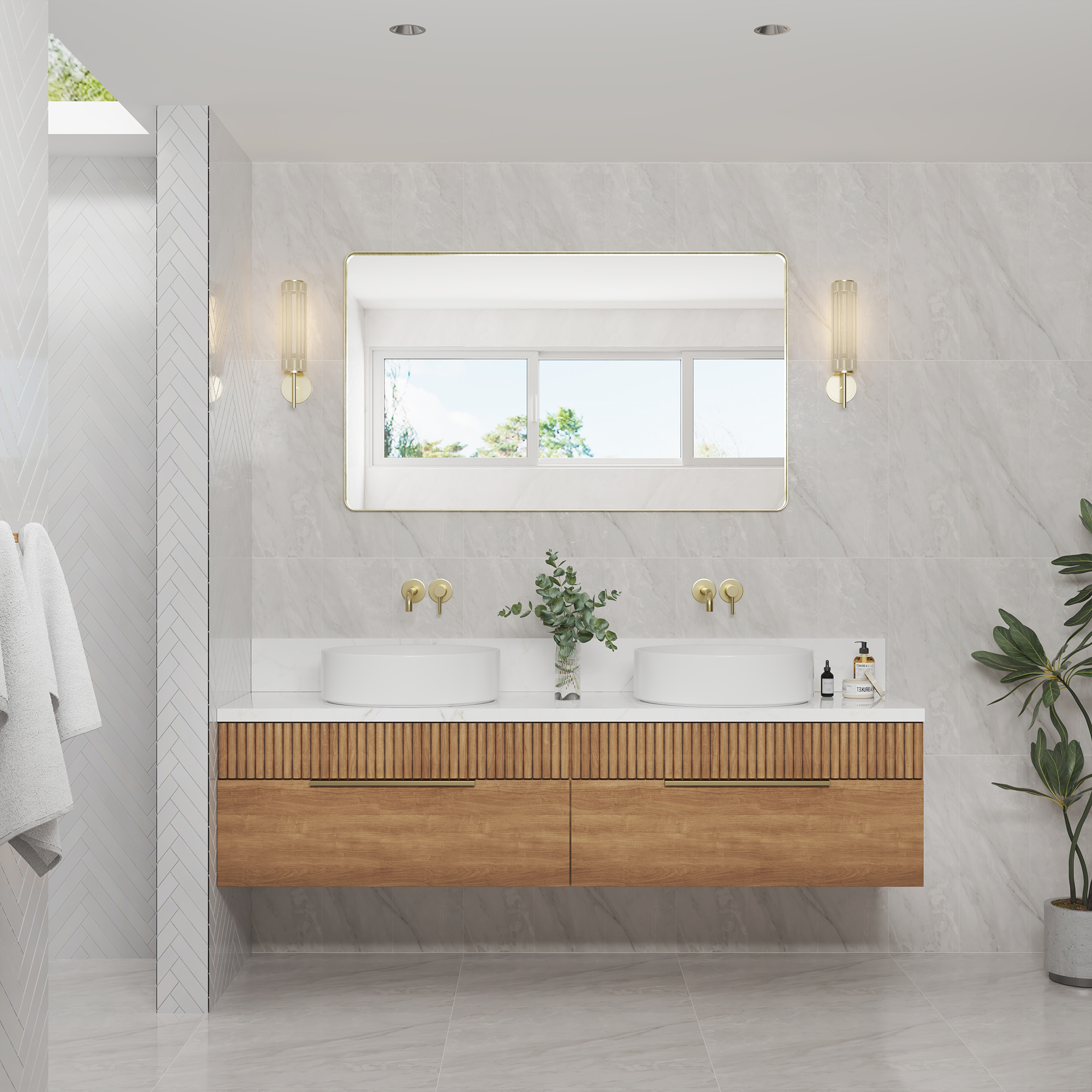 Tempered Glass Wall-Mounted Mirror with Gold Metal Frame