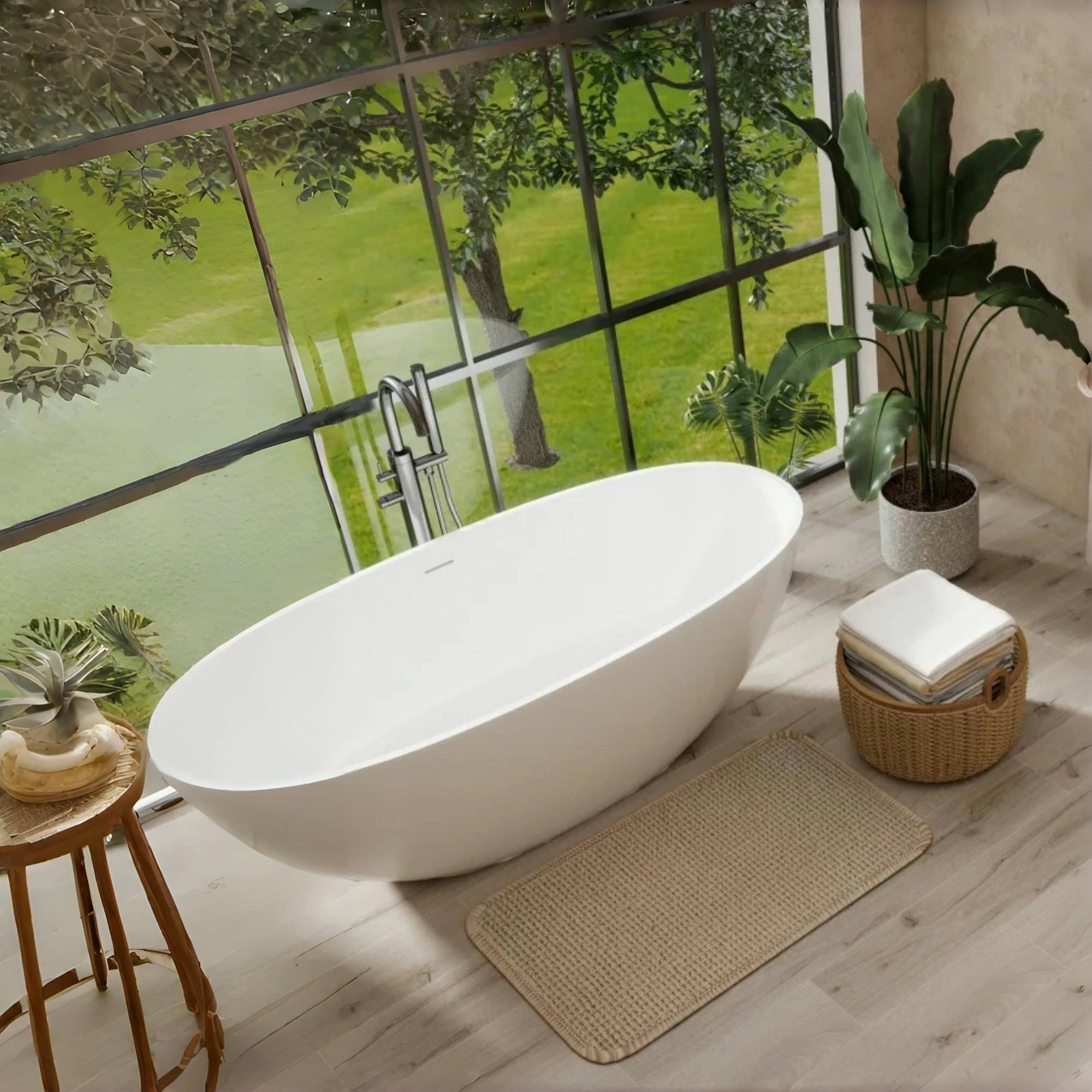 65" Oval Stone Resin Freestanding Soaking Tub with Ergonomic Design
