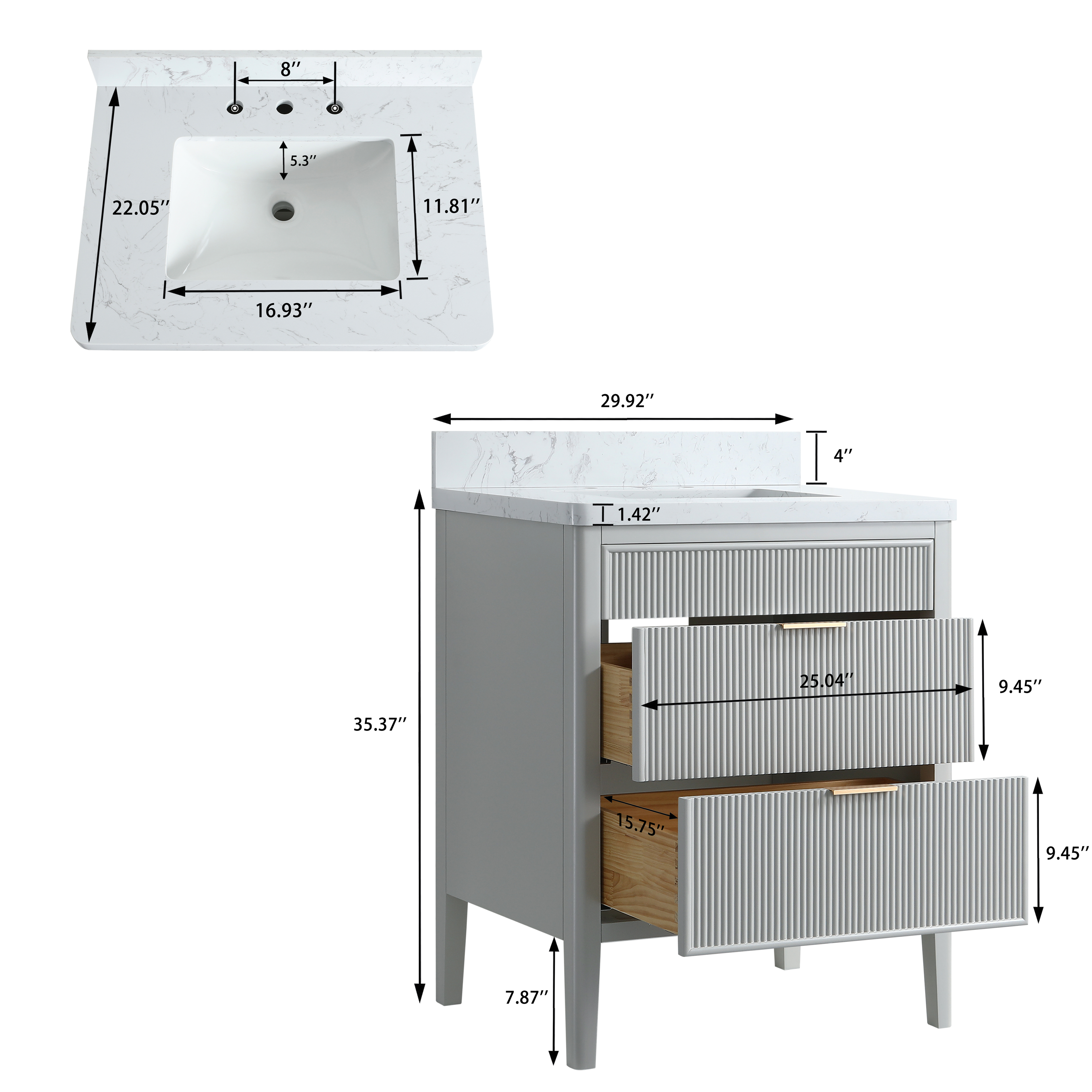 30"/36"/48" Freestanding Single Sink Bathroom Vanity with Solid Wood Construction & Marble Top