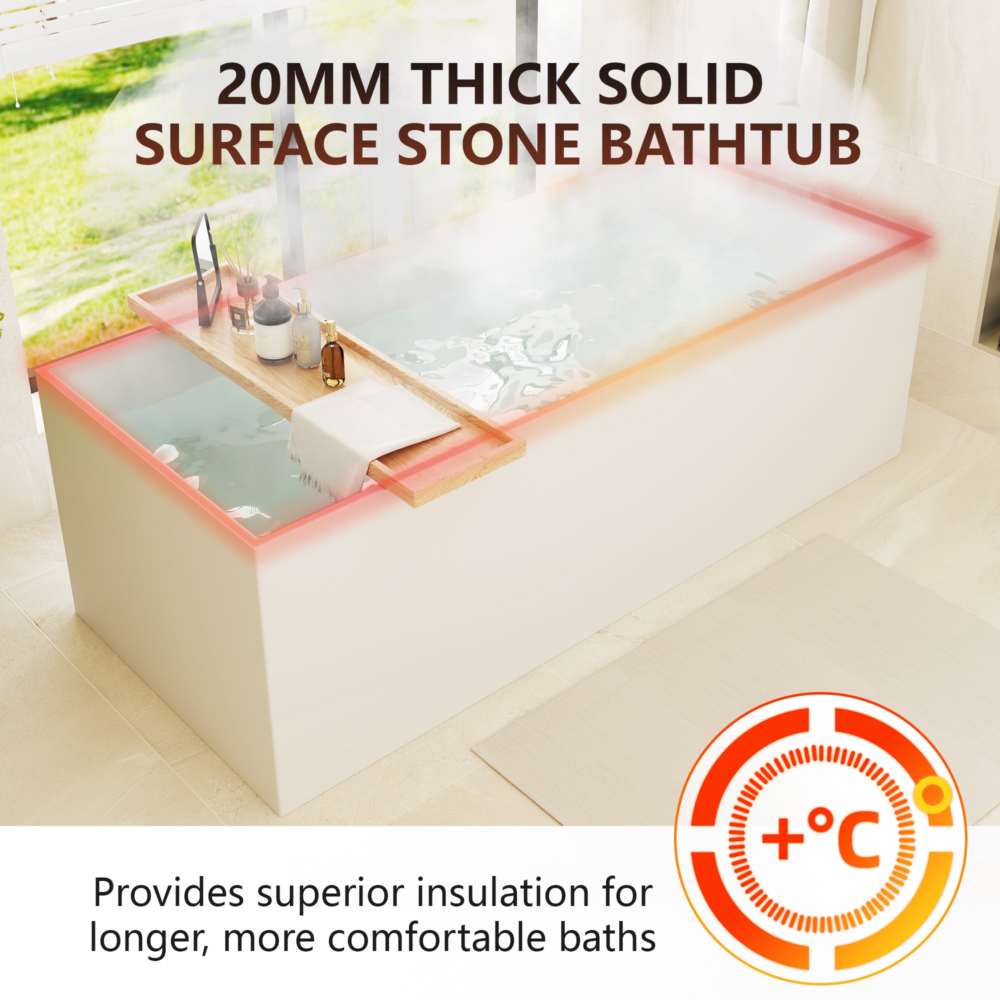 67" Freestanding Solid Surface Bathtub with Slide-Like Curved Interior