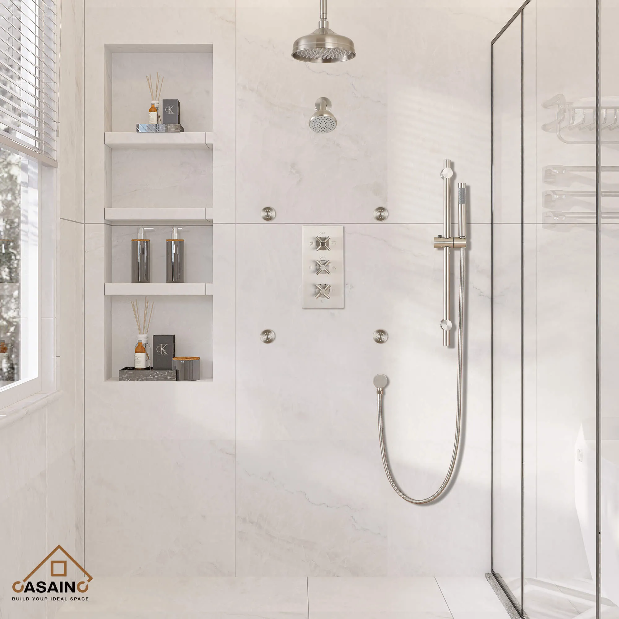 Bathroom with Brushed Nickel Shower System and Shower Head with Body Sprays and Dual Shower Heads