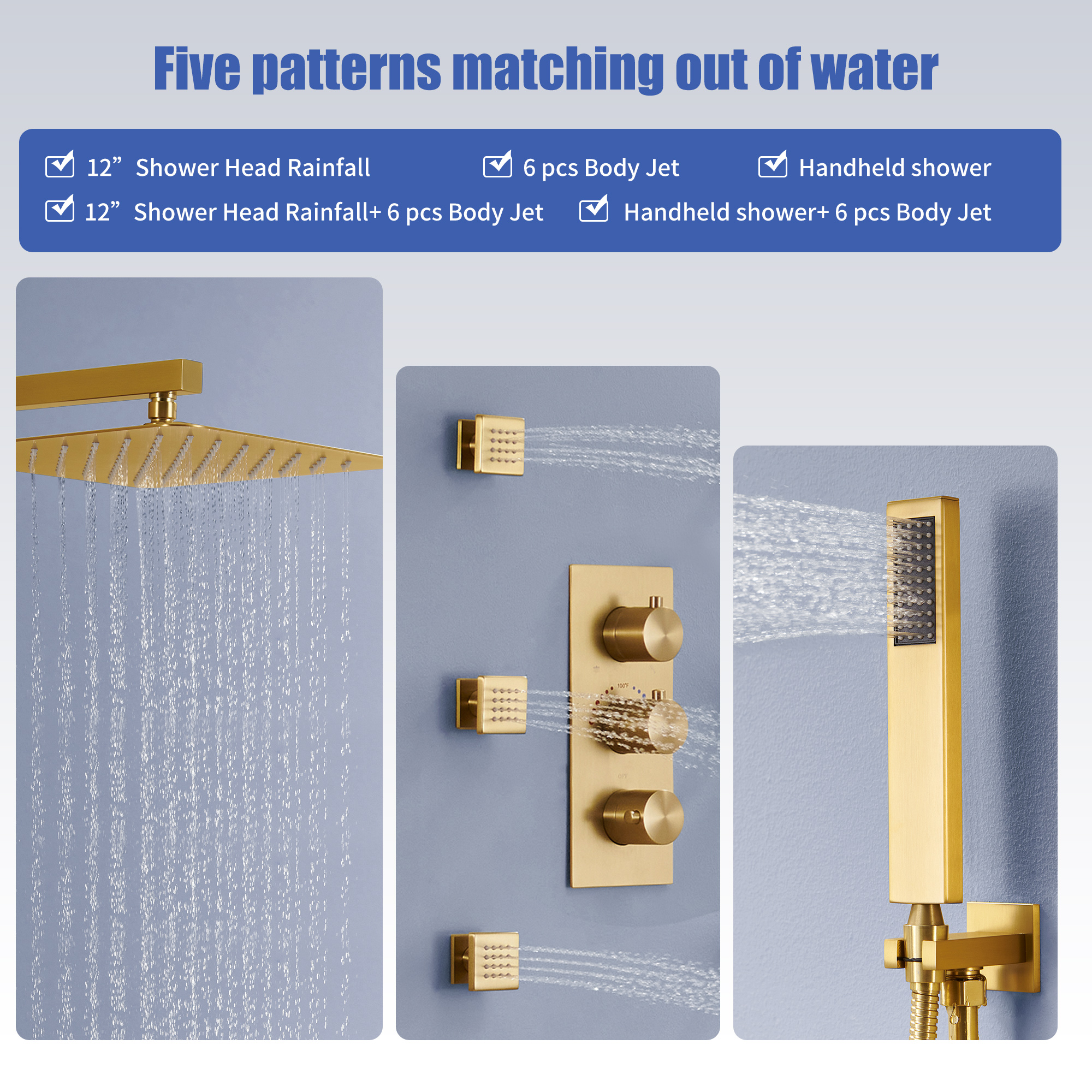 12" Thermostatic Rainfall Shower System with Handheld & Body Jets