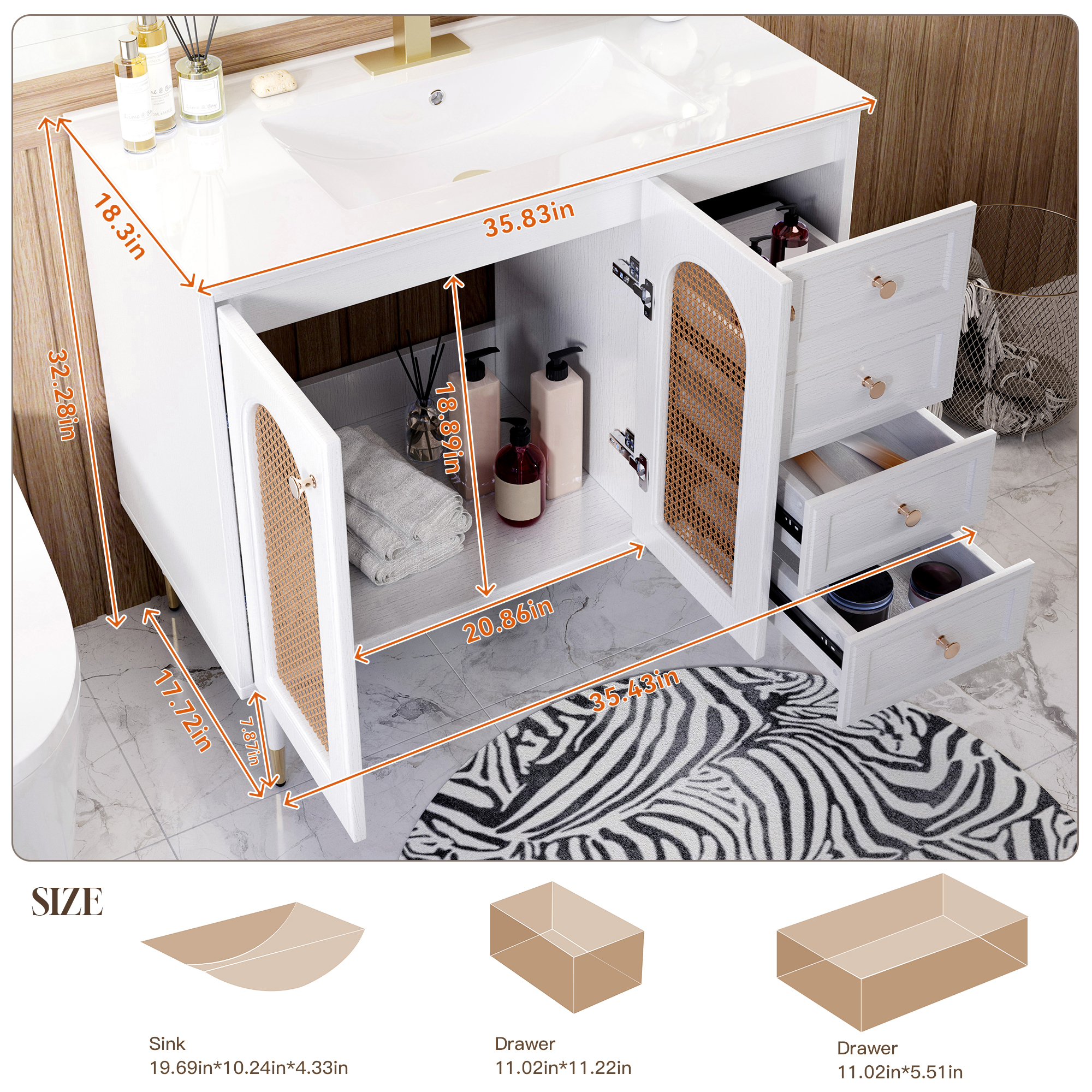 36" Bathroom Vanity with Ceramic Basin and Rattan Double Door Cabinet