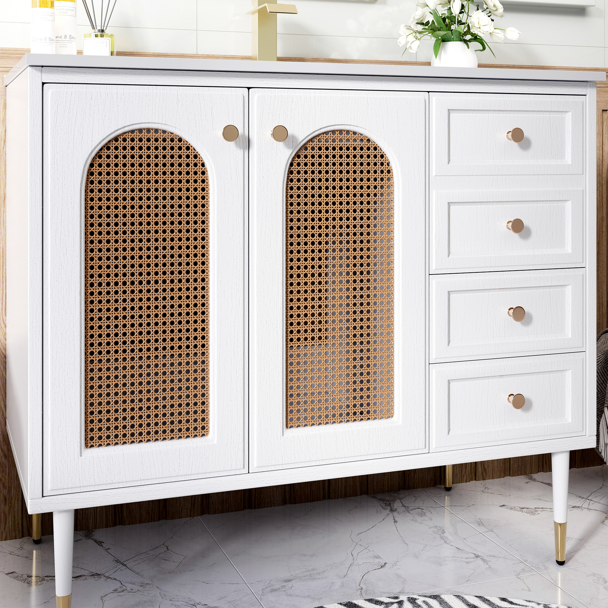 36" Bathroom Vanity with Ceramic Basin and Rattan Double Door Cabinet