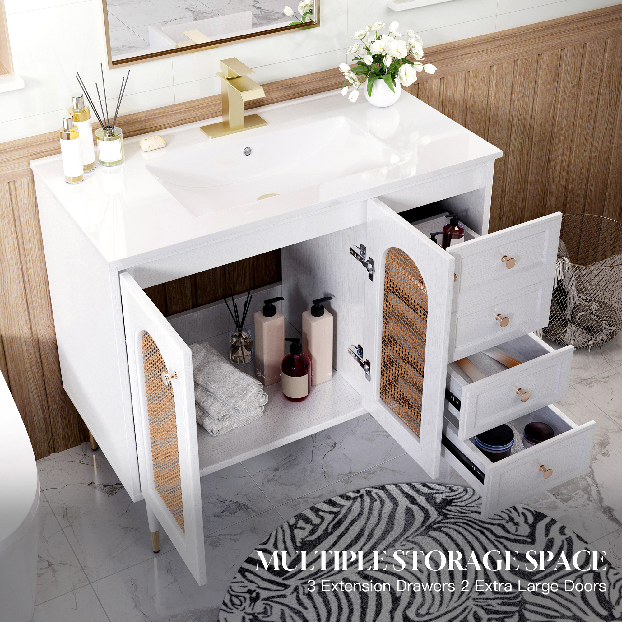 36" Bathroom Vanity with Ceramic Basin and Rattan Double Door Cabinet