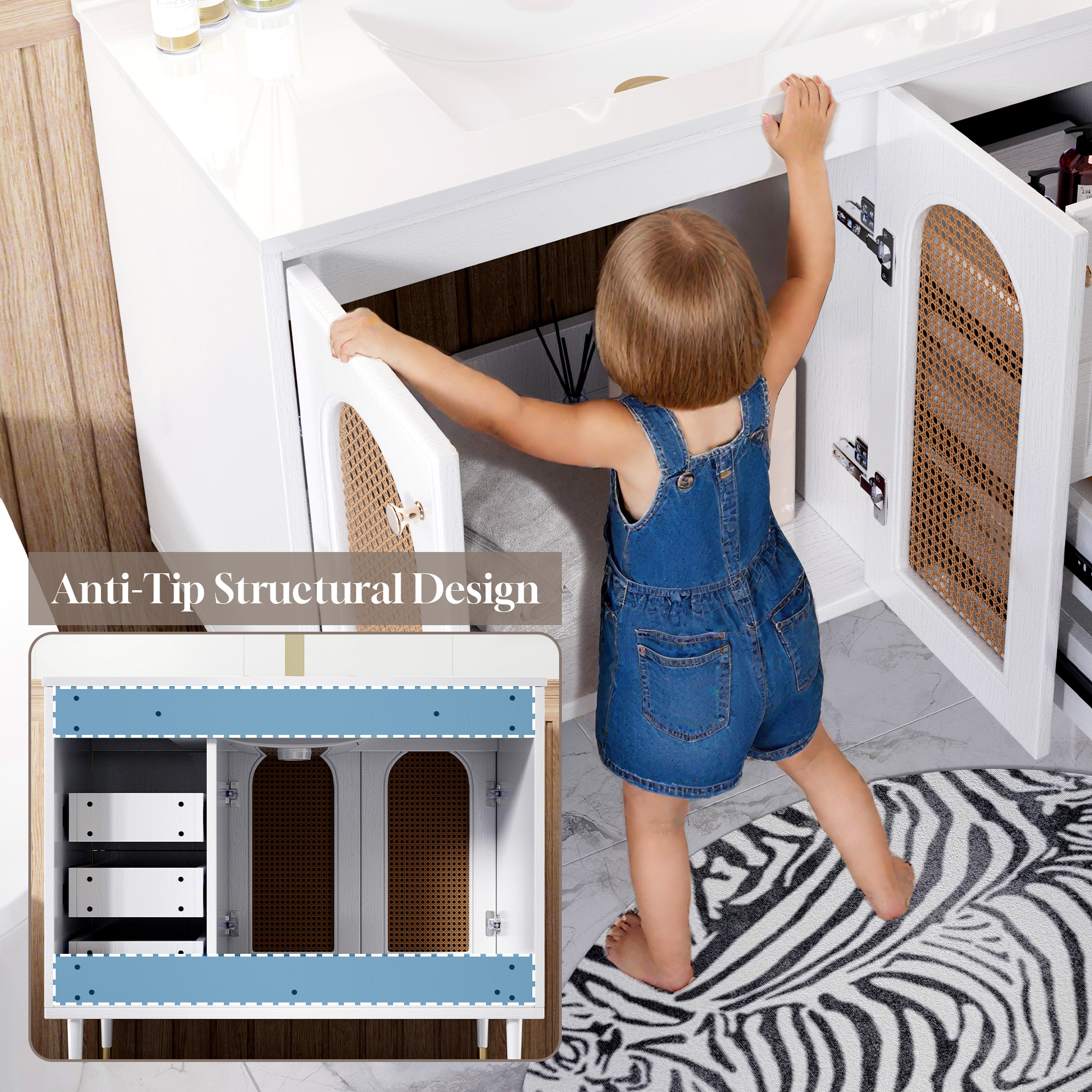 36" Bathroom Vanity with Ceramic Basin and Rattan Double Door Cabinet