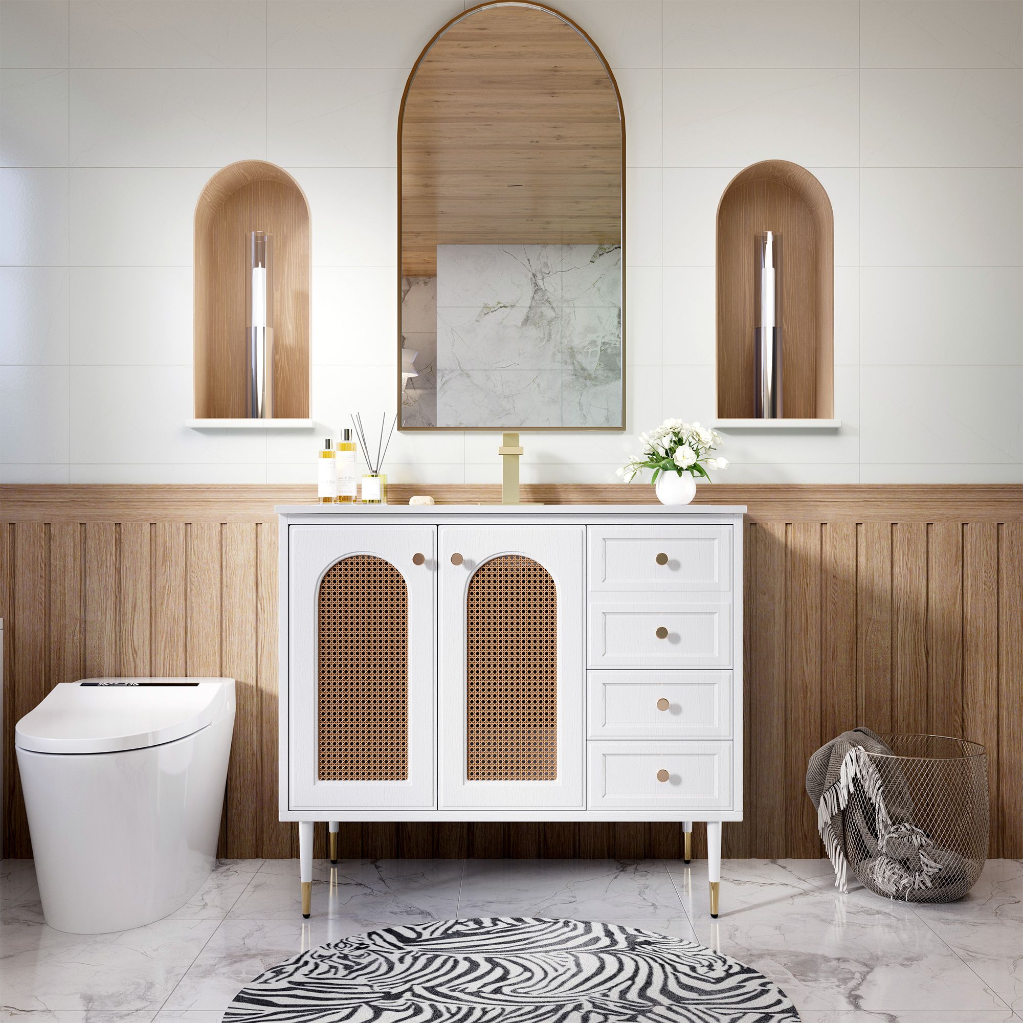 36" Bathroom Vanity with Ceramic Basin and Rattan Double Door Cabinet