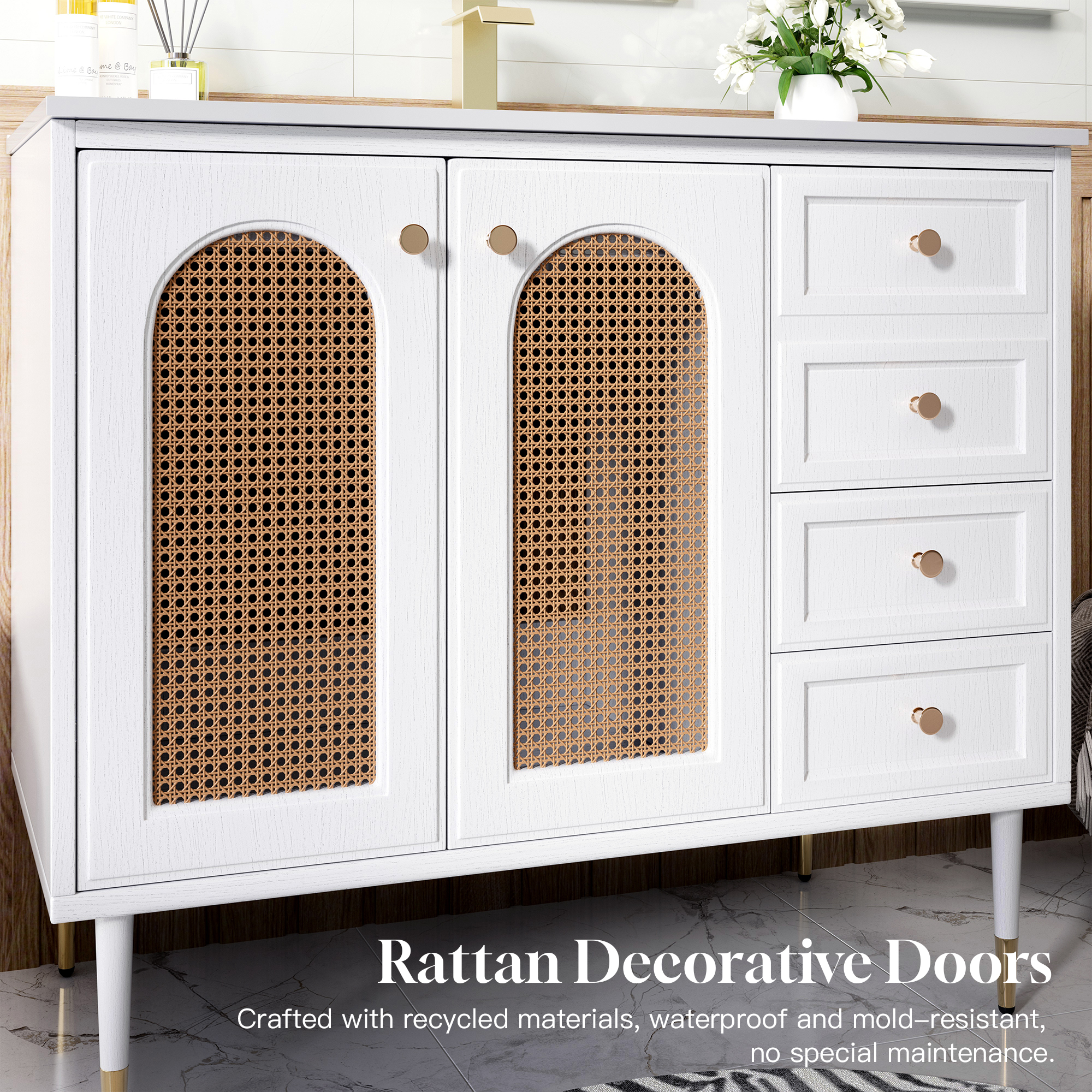 36" Bathroom Vanity with Ceramic Basin and Rattan Double Door Cabinet