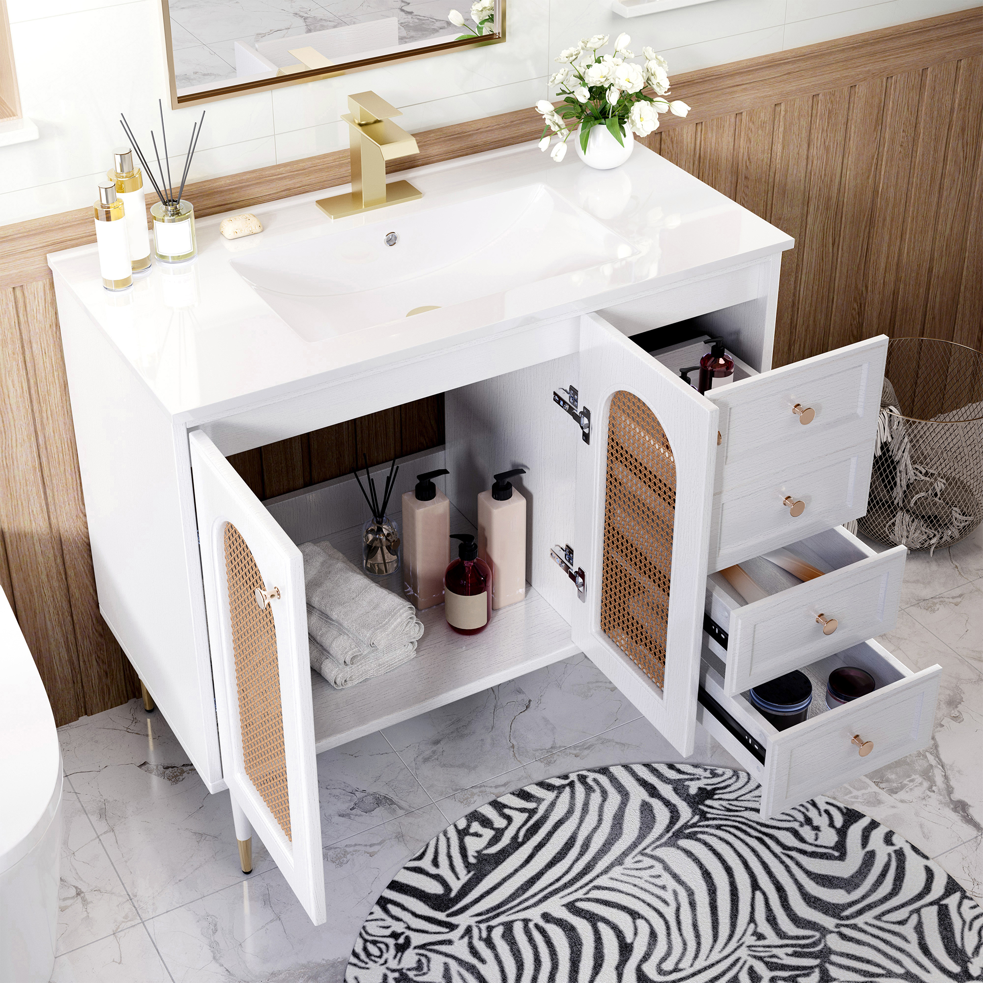 36" Bathroom Vanity with Ceramic Basin and Rattan Double Door Cabinet