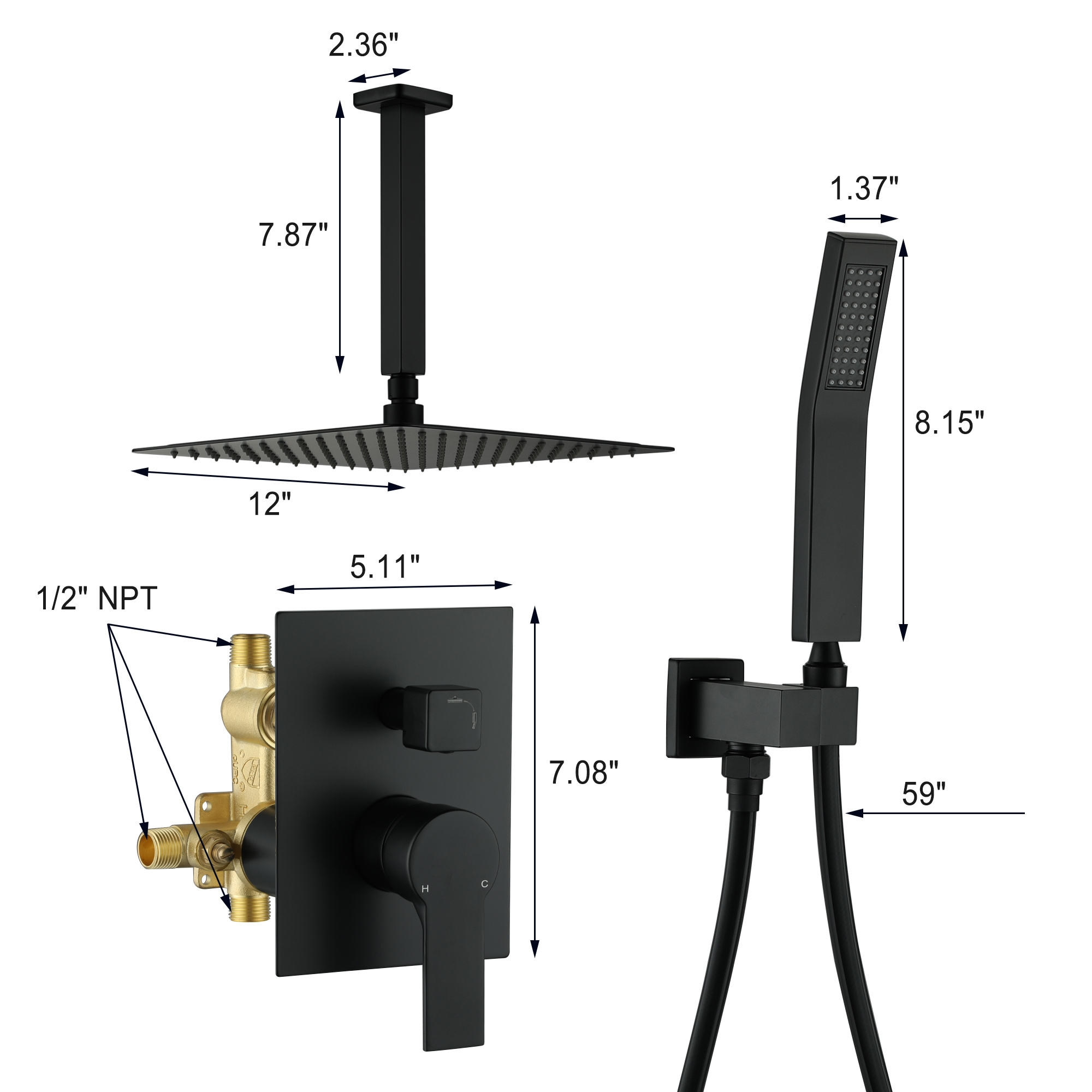 10-inch/12inch Rainfall Shower System With Hand Shower & Pressure-Balanced Valve