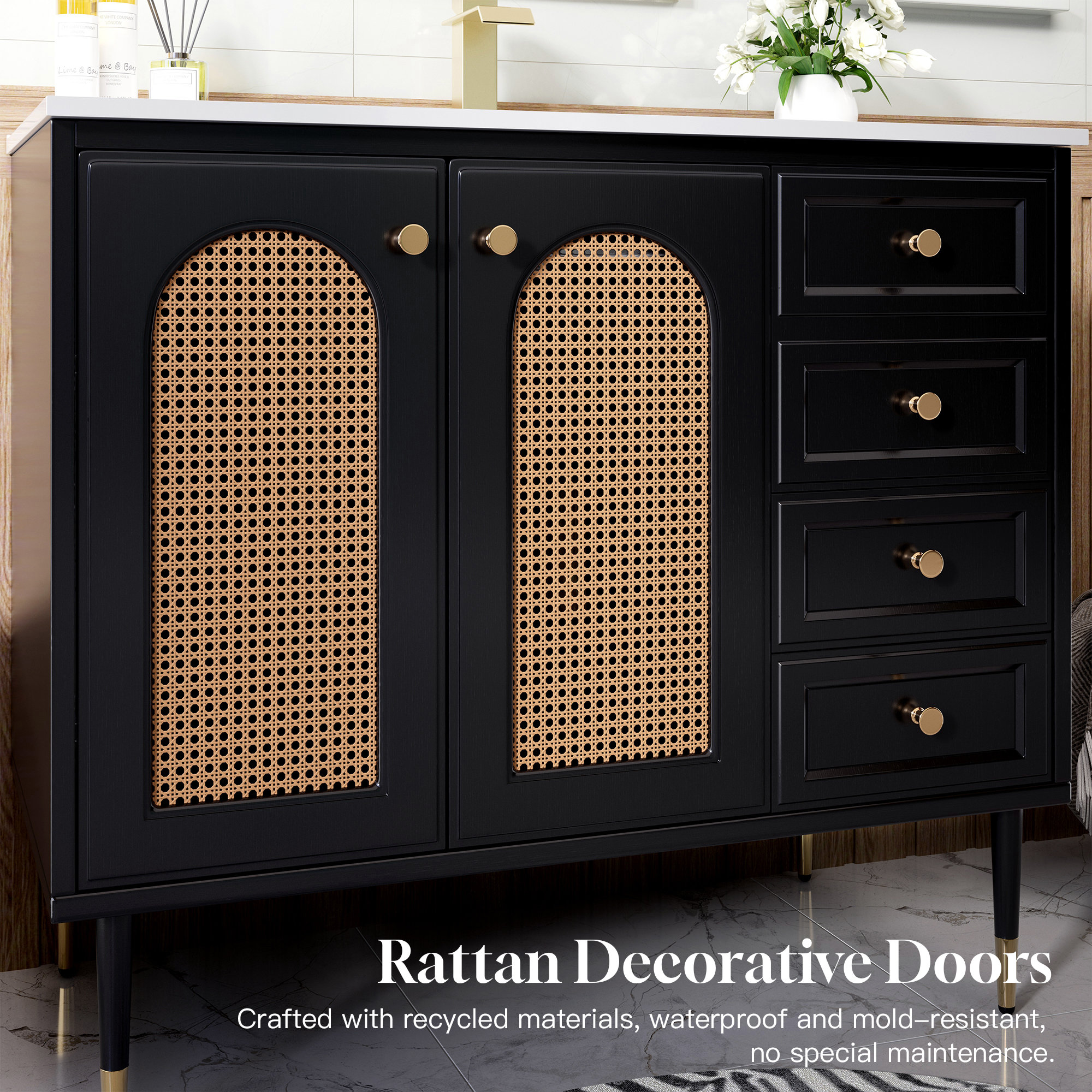 36" Bathroom Vanity with Ceramic Basin and Rattan Double Door Cabinet