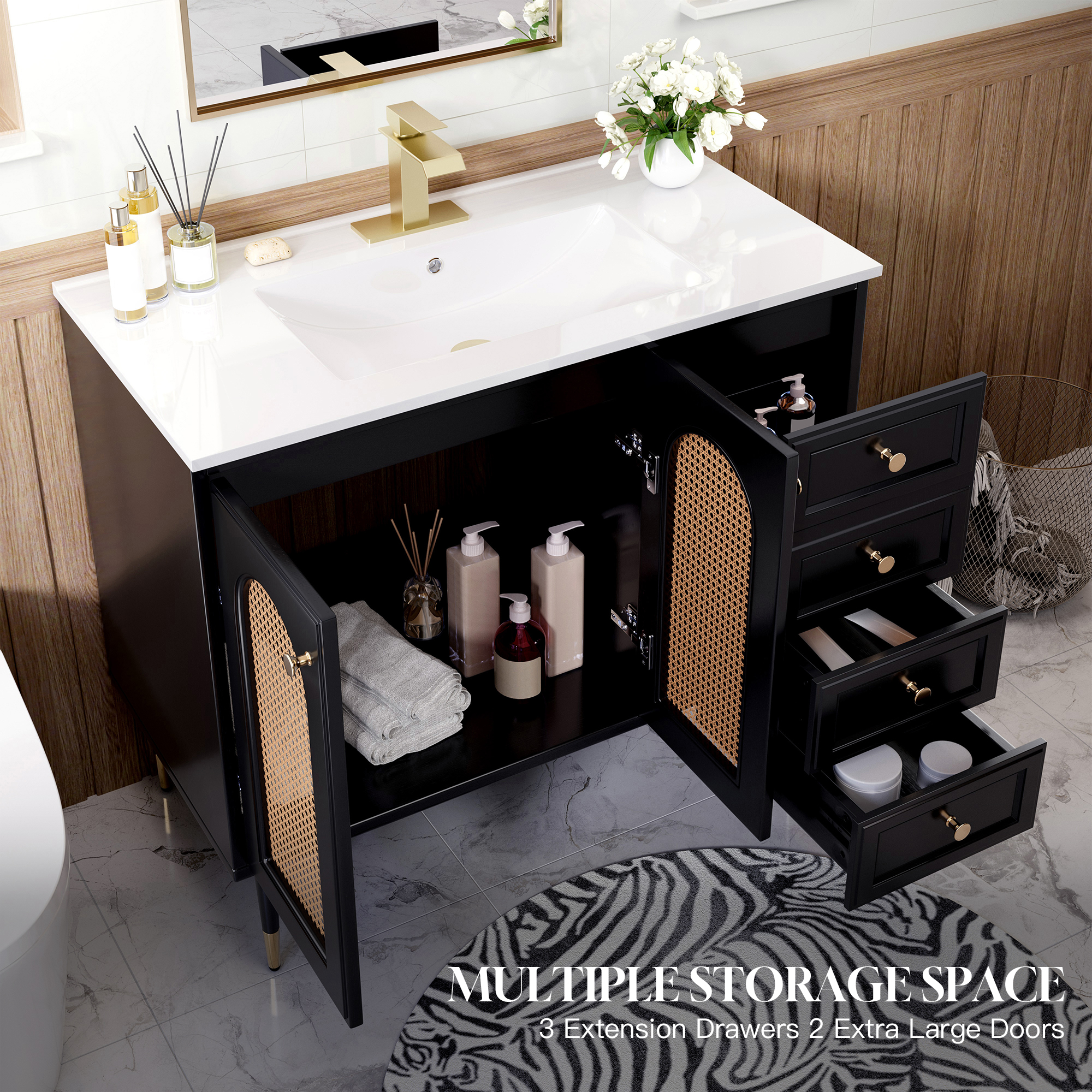 36" Bathroom Vanity with Ceramic Basin and Rattan Double Door Cabinet