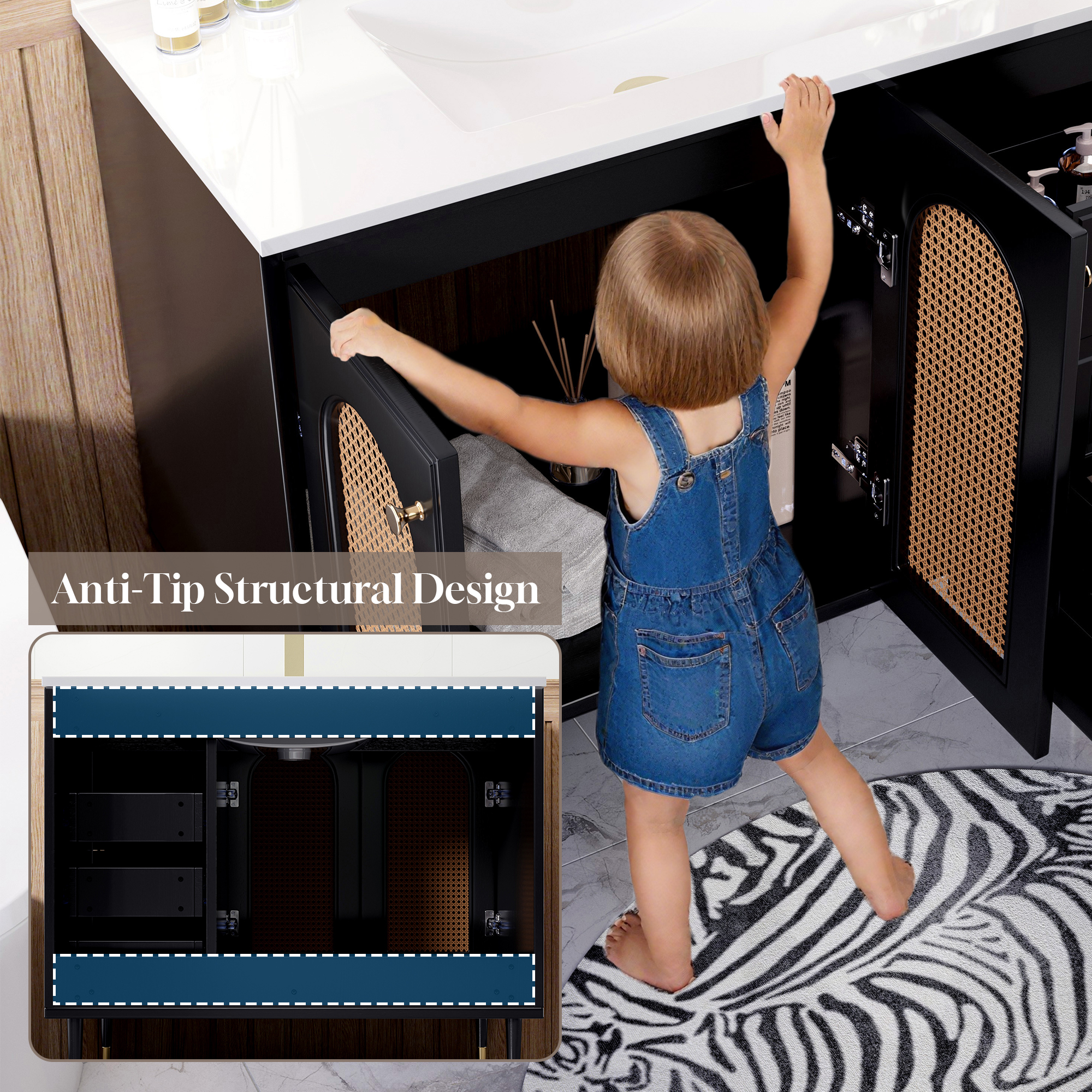 36" Bathroom Vanity with Ceramic Basin and Rattan Double Door Cabinet