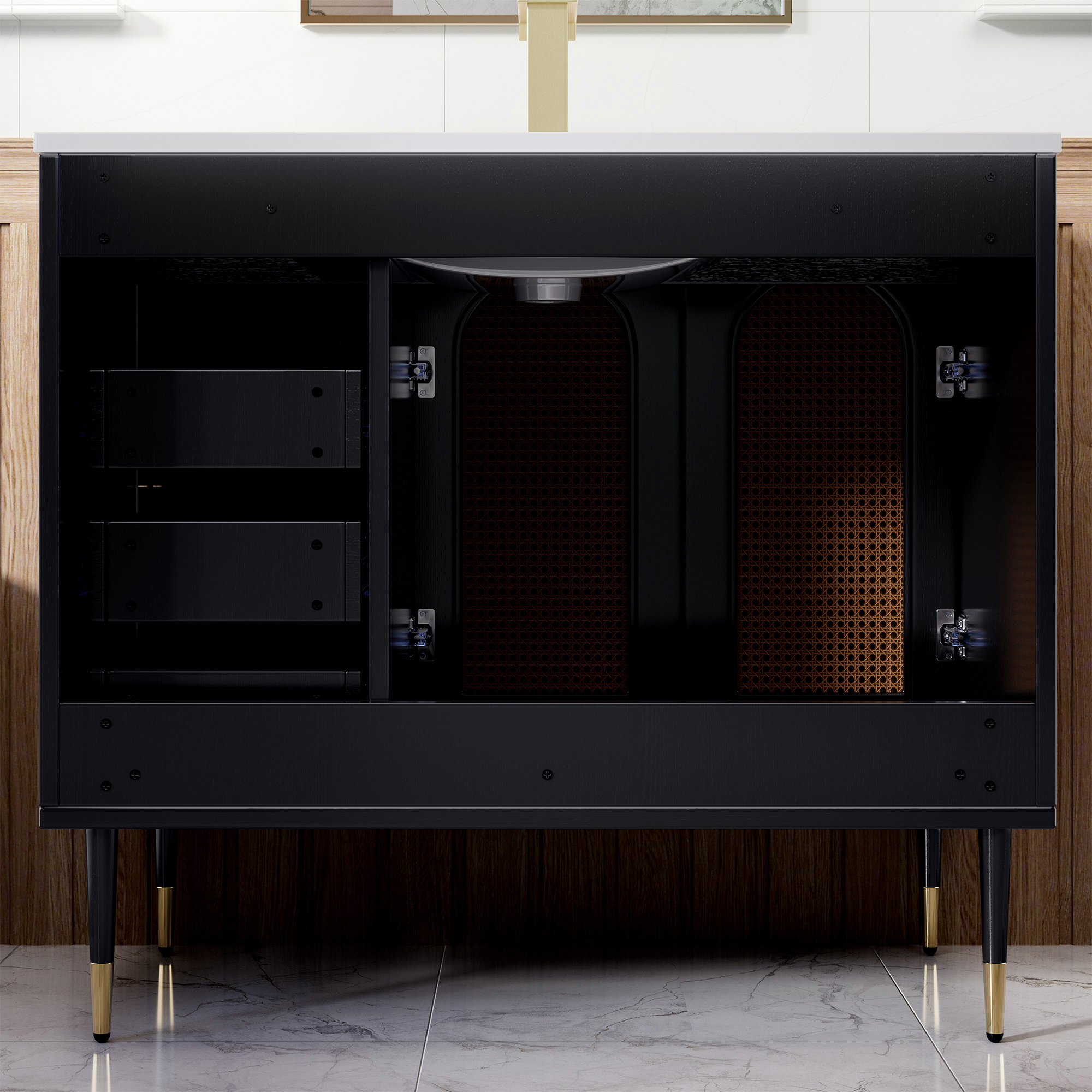 36" Bathroom Vanity with Ceramic Basin and Rattan Double Door Cabinet