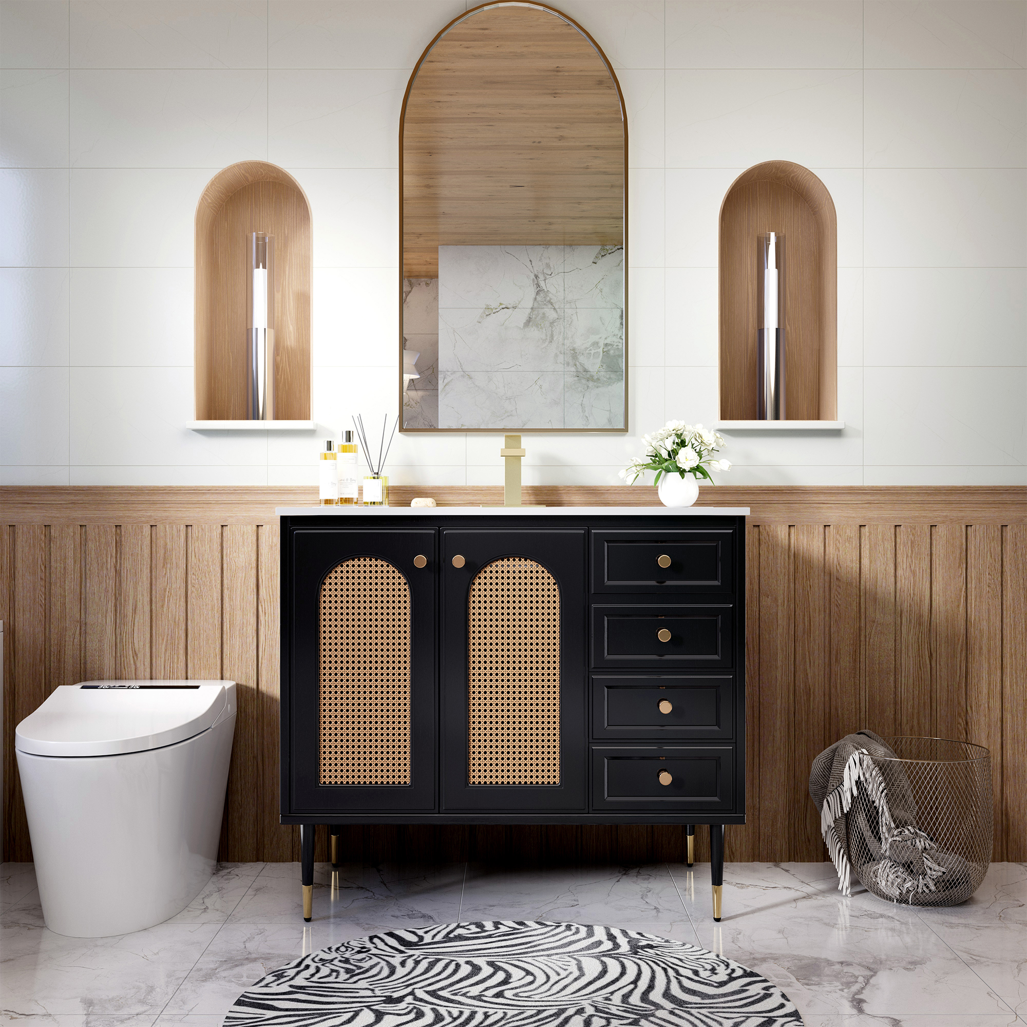 36" Bathroom Vanity with Ceramic Basin and Rattan Double Door Cabinet