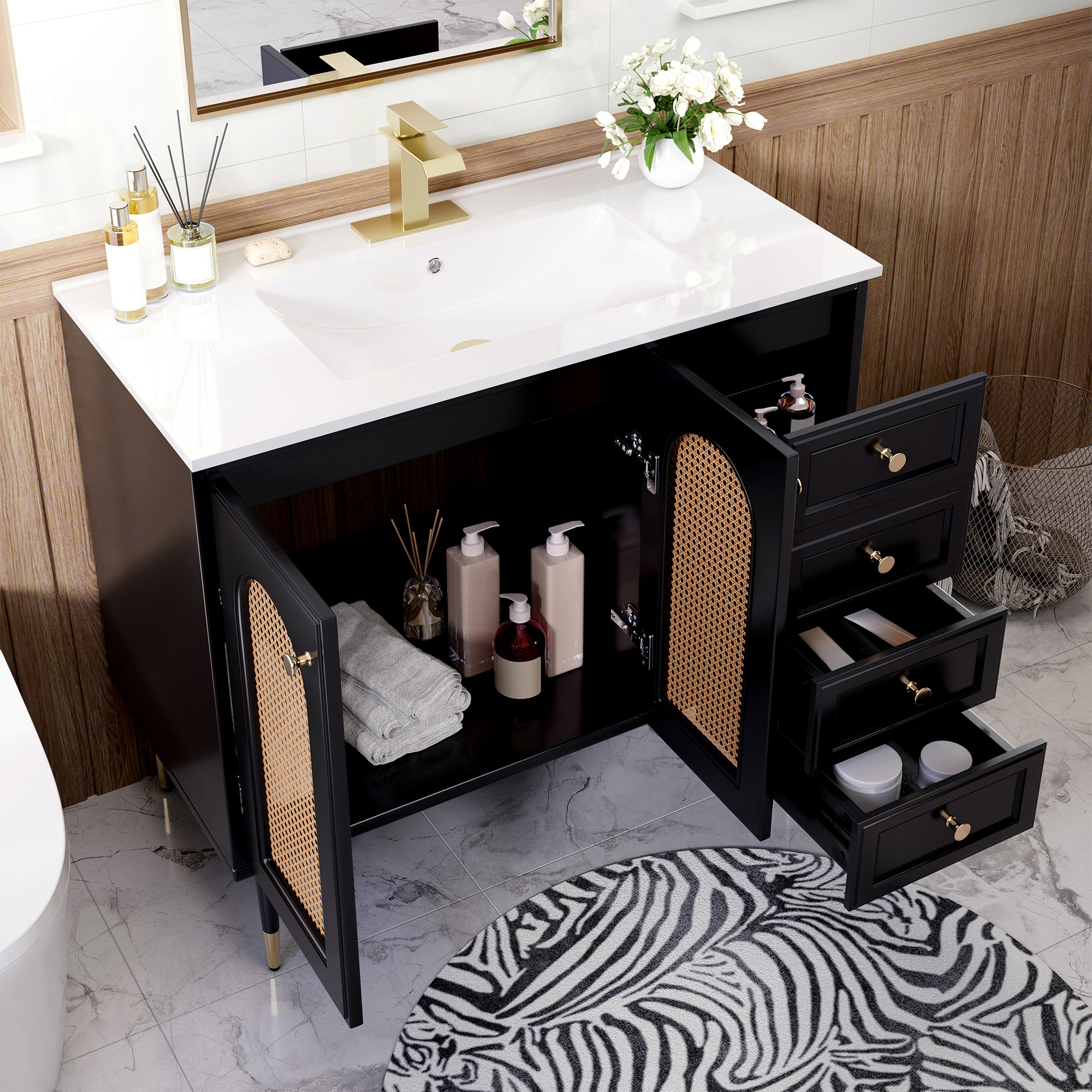 36" Bathroom Vanity with Ceramic Basin and Rattan Double Door Cabinet
