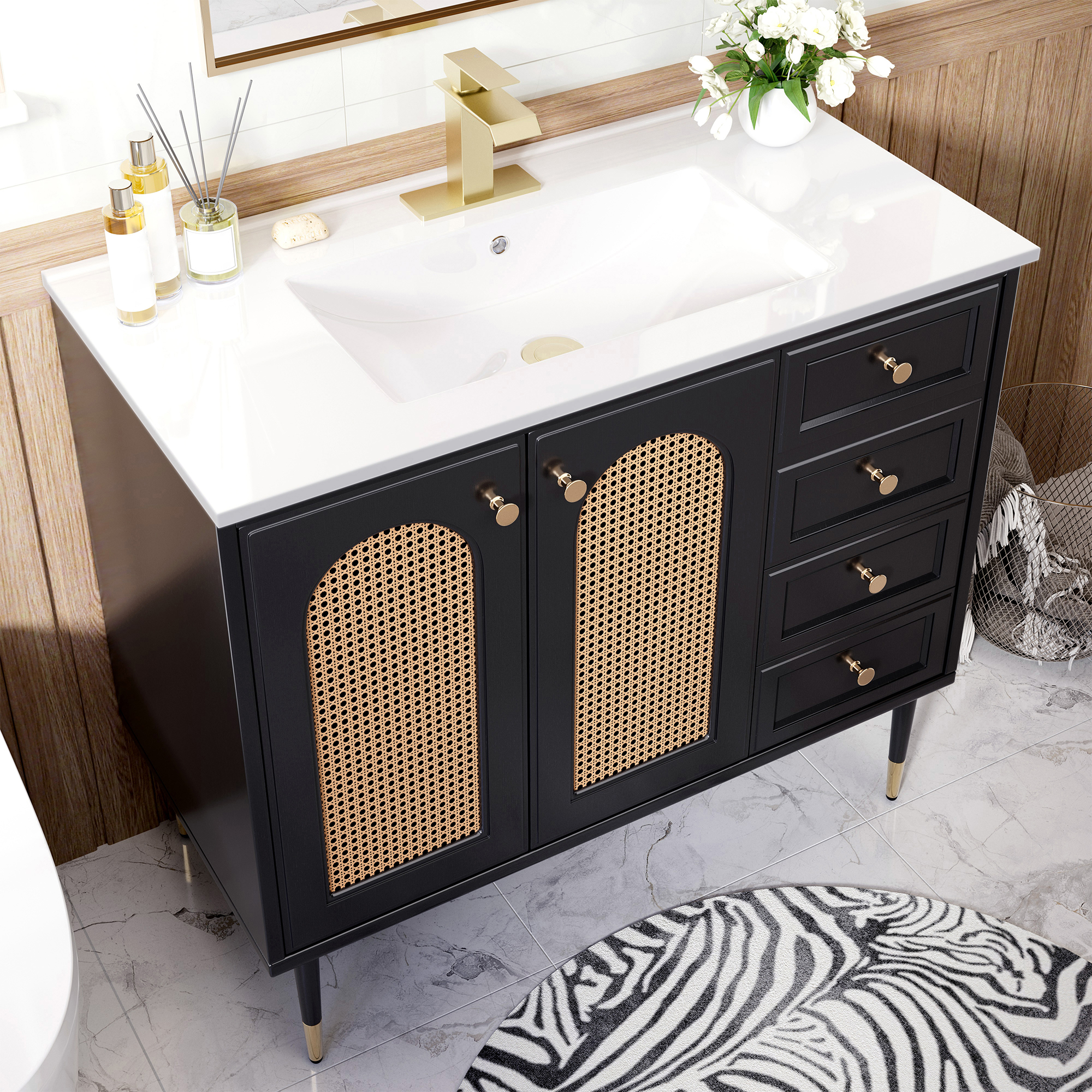 36" Bathroom Vanity with Ceramic Basin and Rattan Double Door Cabinet
