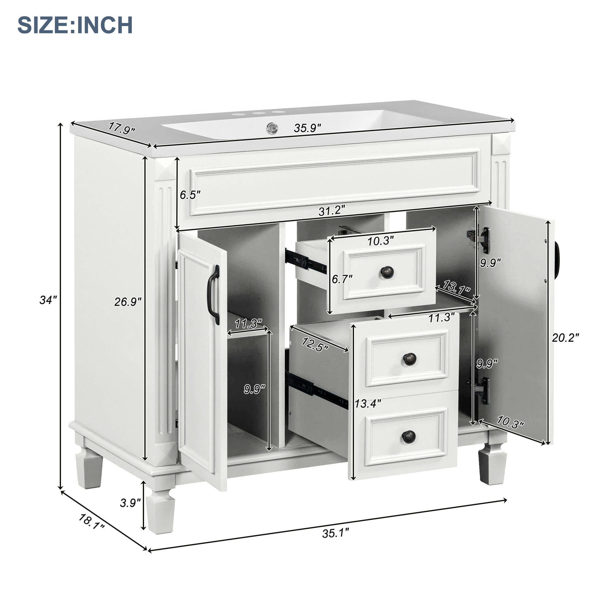 36'' Single Sink Freestanding Bathroom Vanity with 2 Soft Closing Doors and 2 Drawers