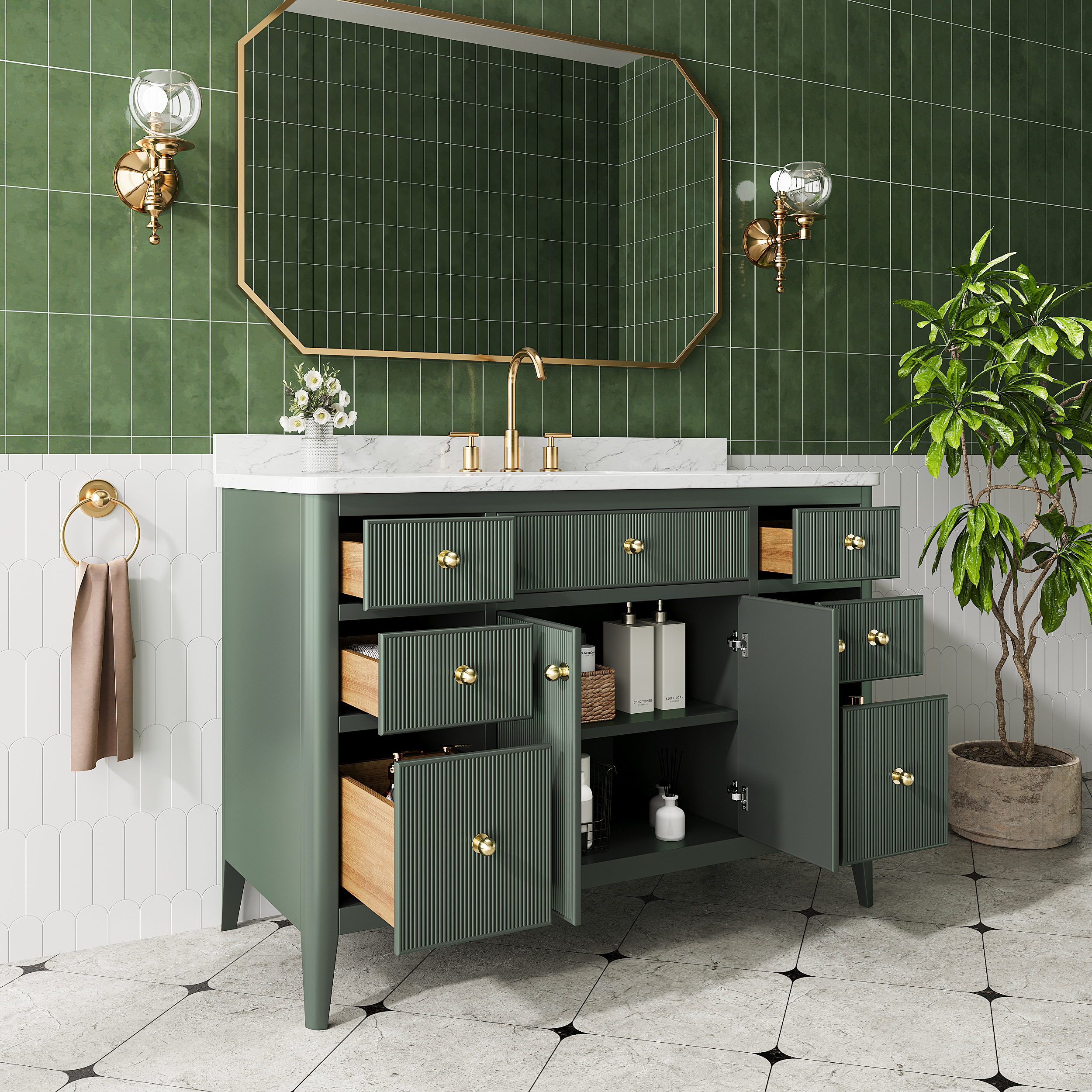 30"/36"/48" Freestanding Single Sink Bathroom Vanity with Solid Wood Construction & Marble Top