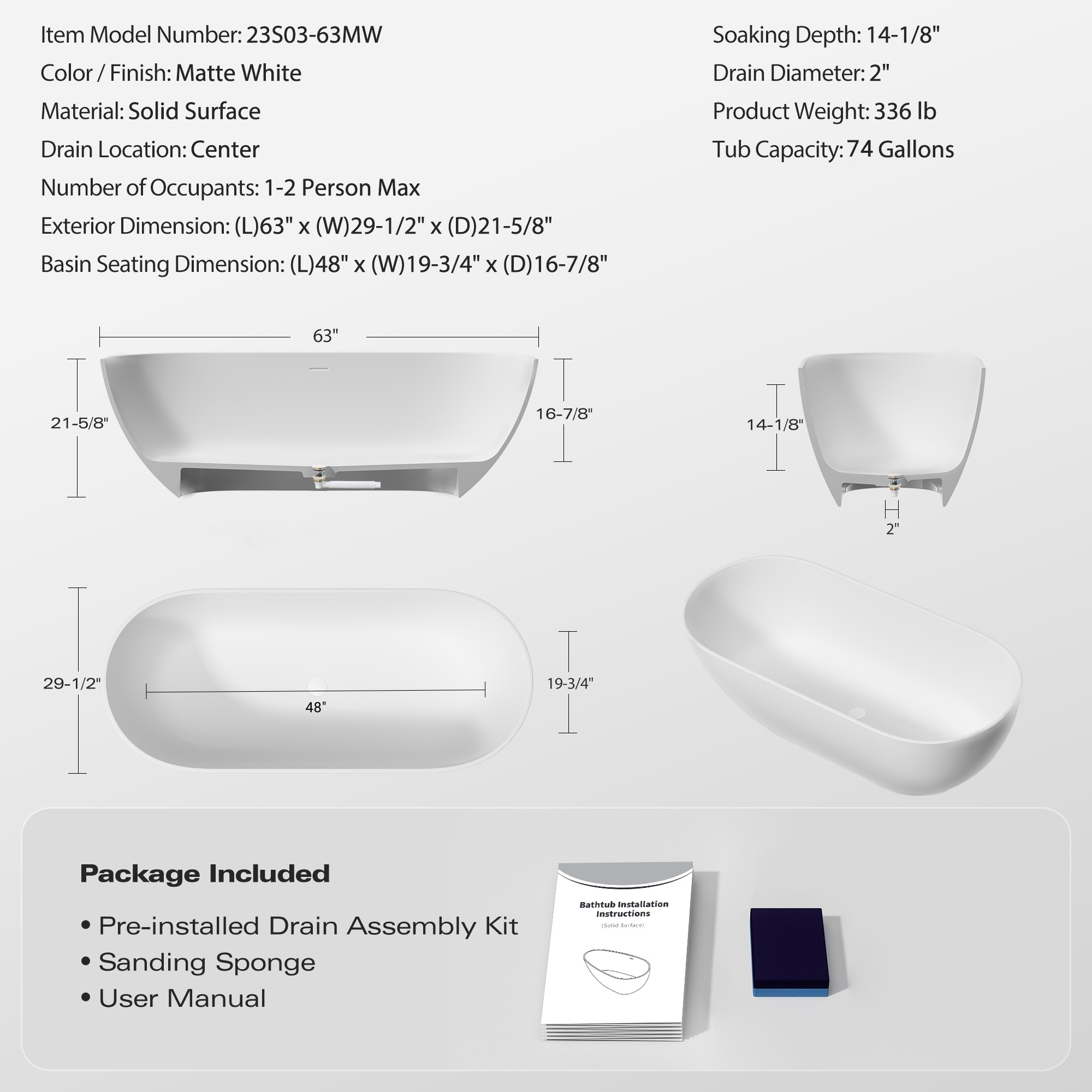 63" Engineered Stone Resin Freestanding Soaking Bathtub with Overflow and Pop-up Drain