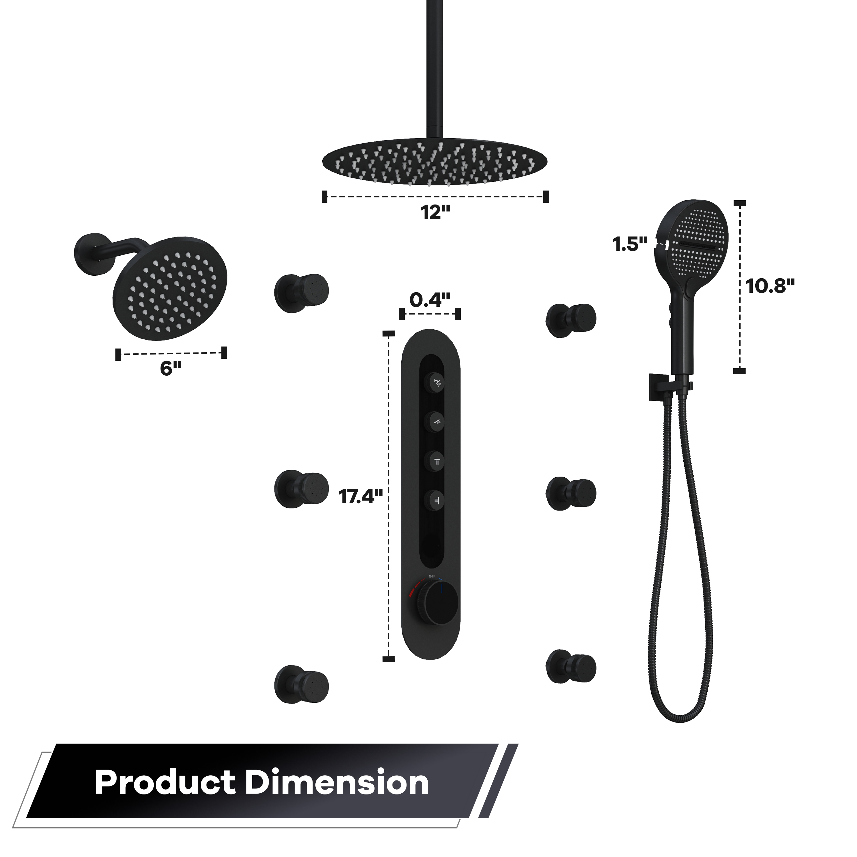 12-inch 4-Function Thermostatic Shower System with Digital Display & Body Jet
