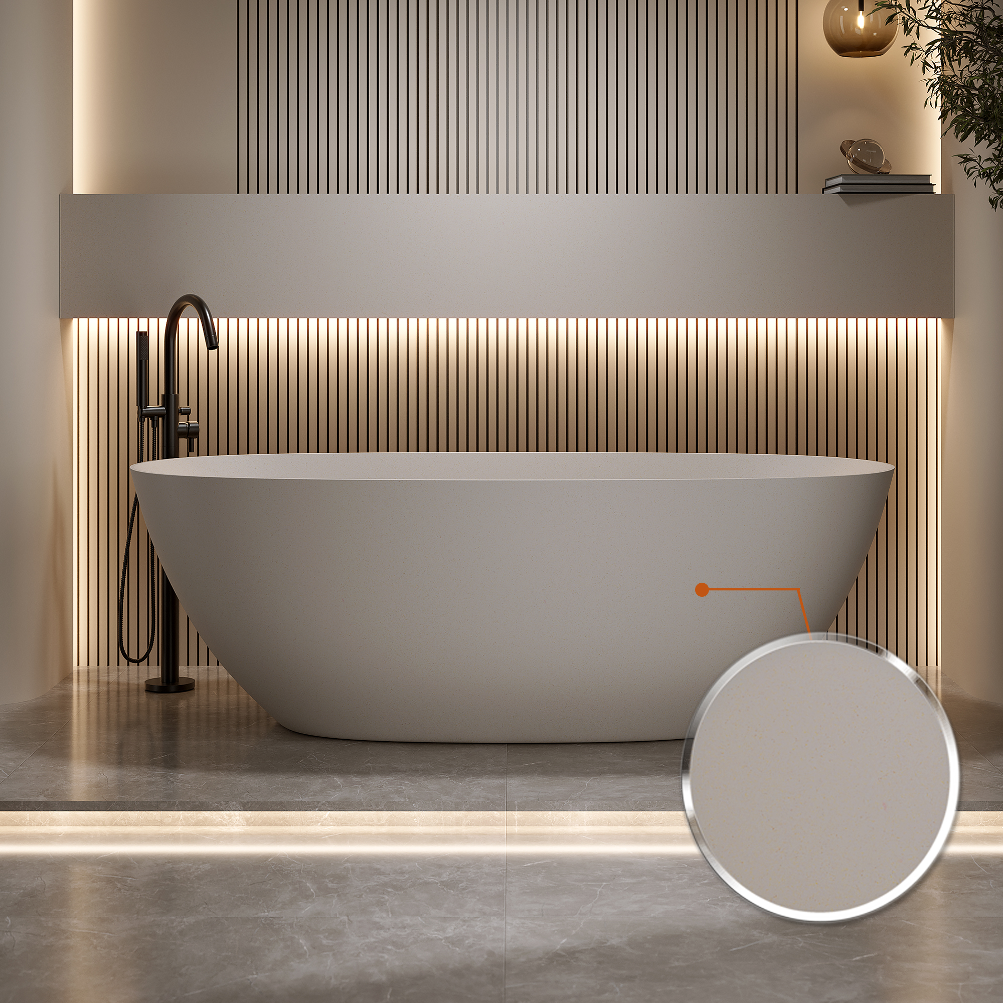 57"/61"/65"/69" Minimalist Solid Surface Freestanding Bathtub in Pine Crest and Shadow Whisper