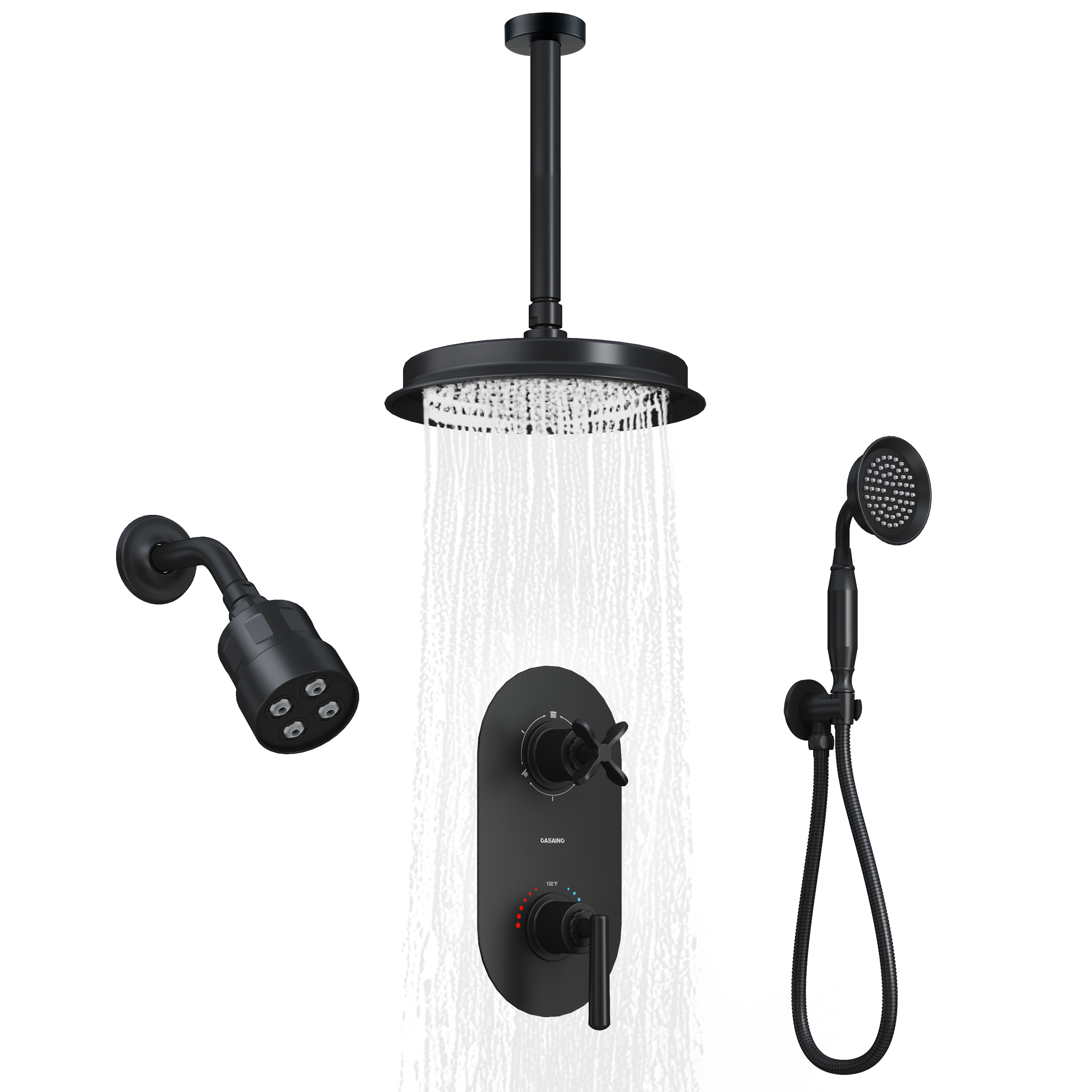 9"+4" Rainfall Thermostatic Concealed 3-Function Shower System with Handheld