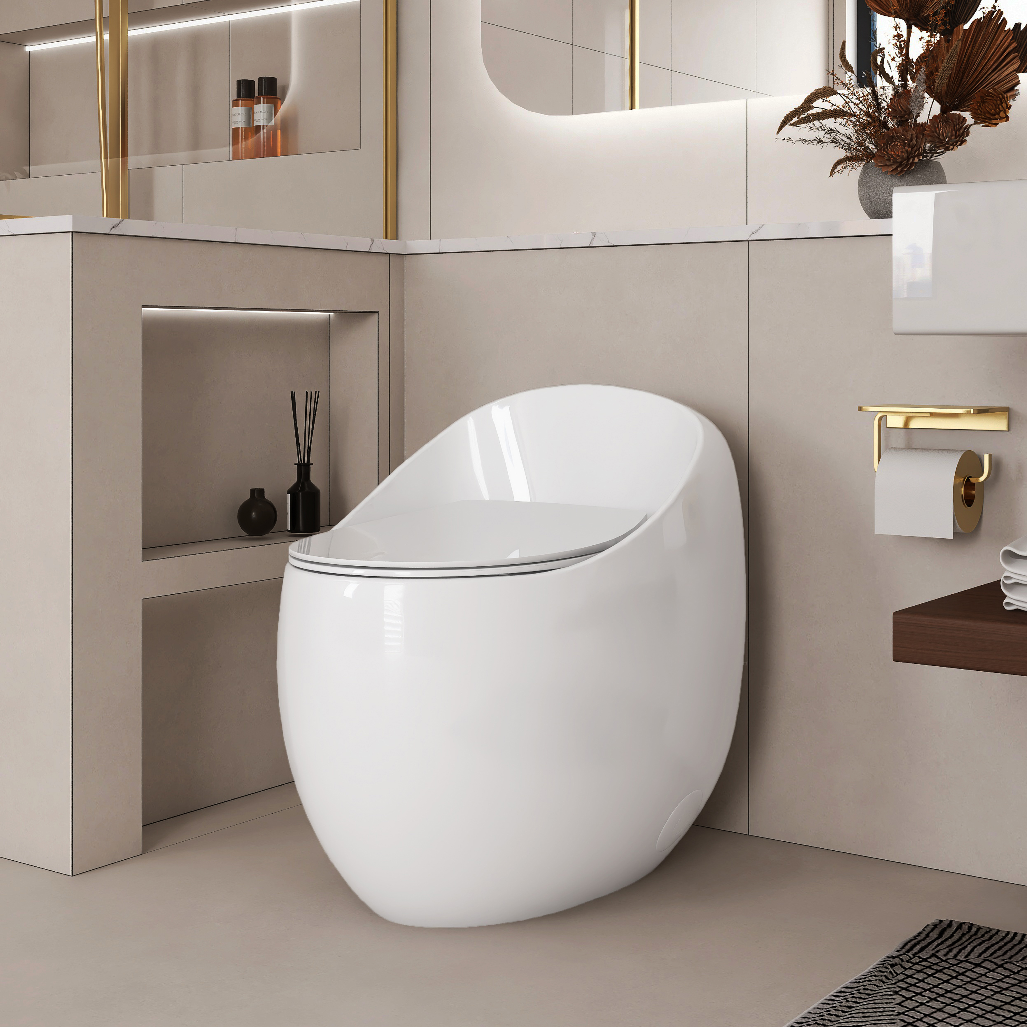 Egg Shape 1-Piece Toilet in Glossy White with 1.28 GPF Single Flush