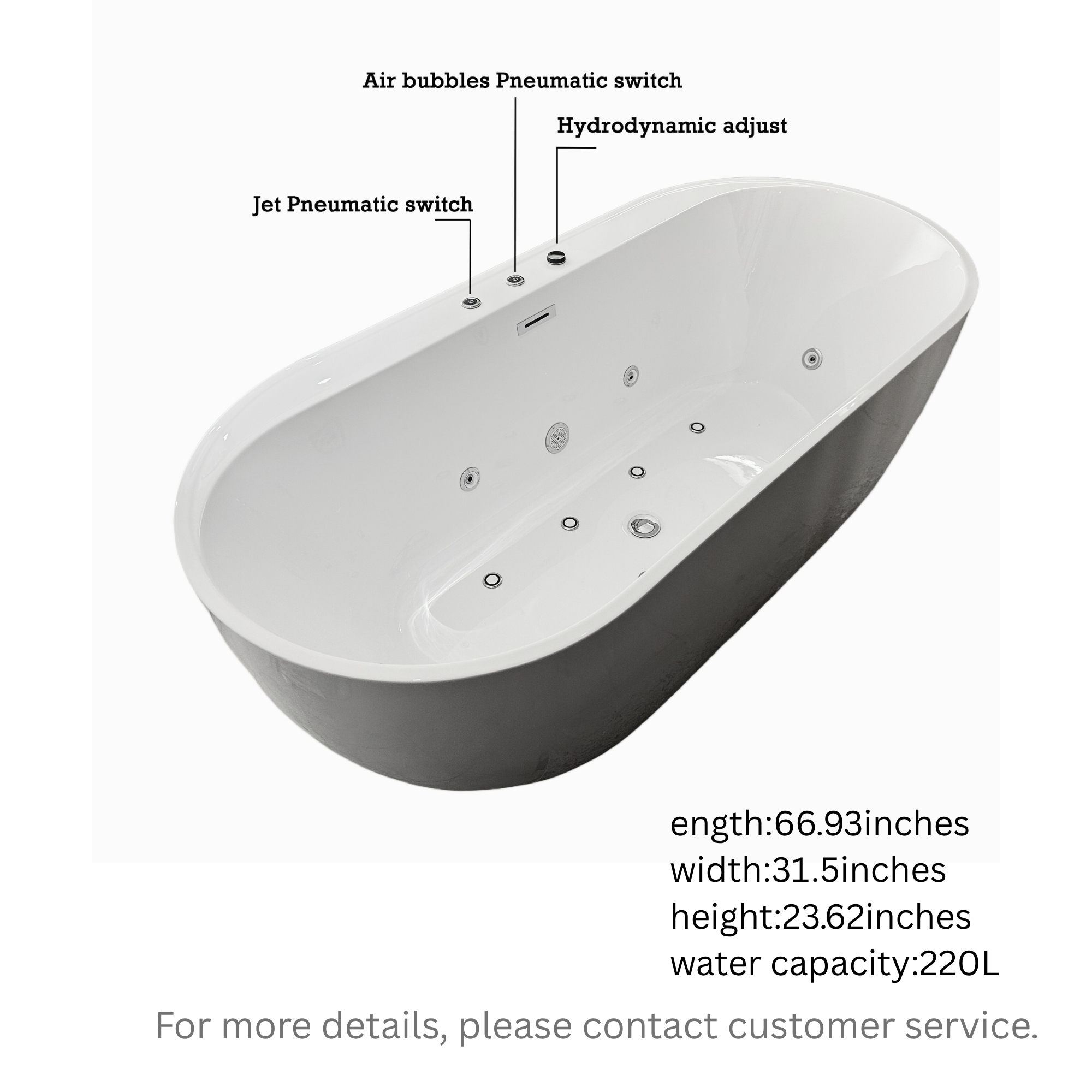 67" Whirlpool and Air Massage Bathtub with Adjustable Air Blower, 6 Hydro Jets & 8 Bubble Jets