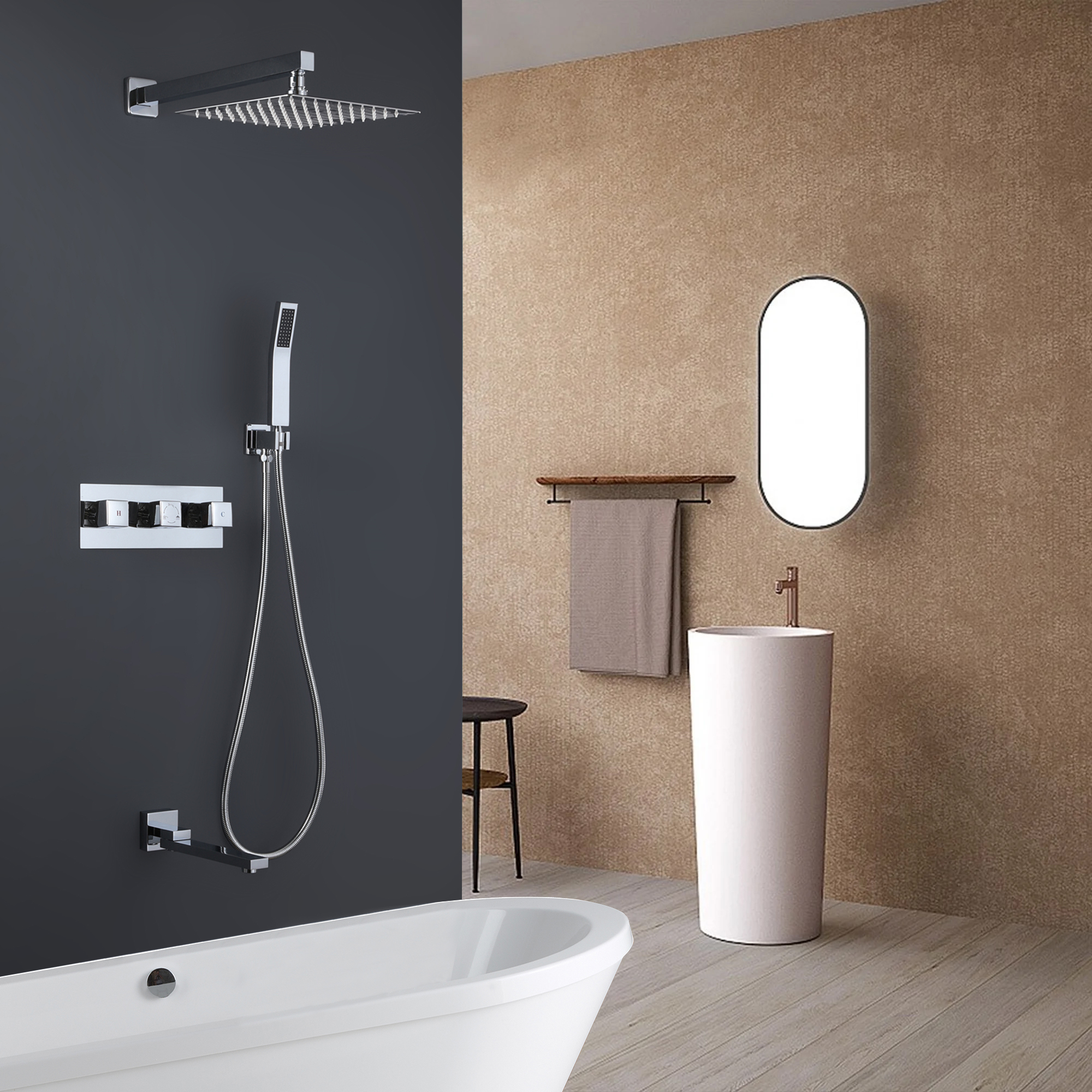 10-inch 3 Way Shower System with Hand Shower and Tub Filler
