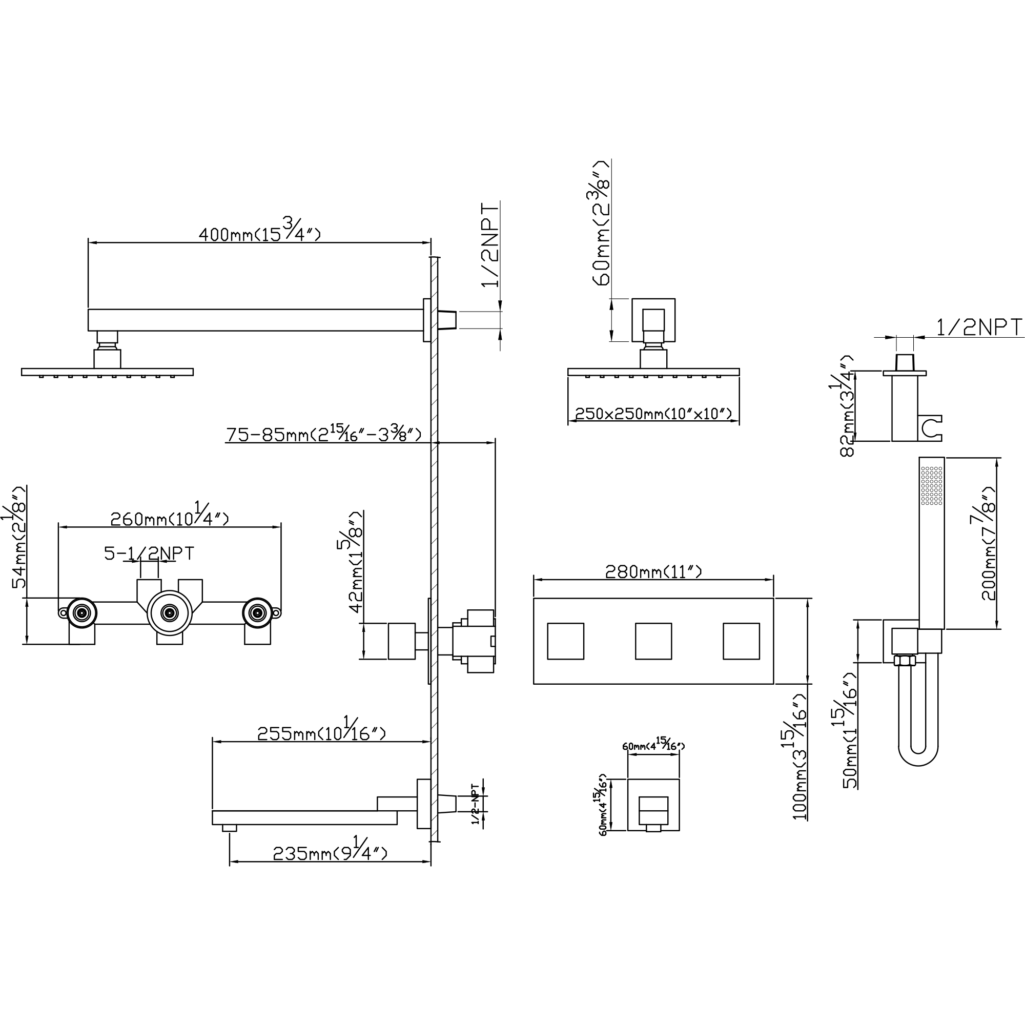 10-inch 3 Way Shower System with Hand Shower and Tub Filler