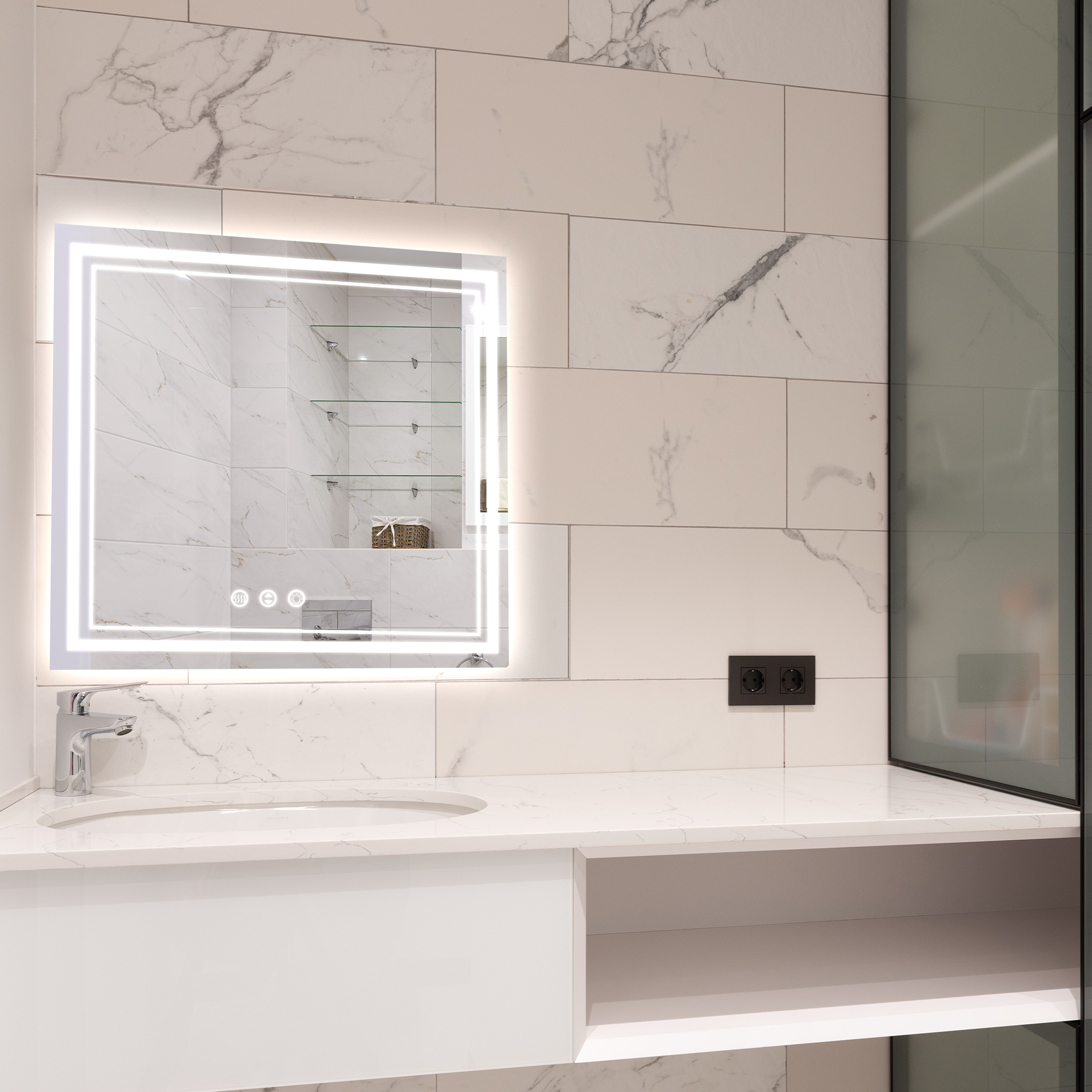Rectangular Frameless LED Bathroom Mirror with Anti-Fog & Adjustable Color
