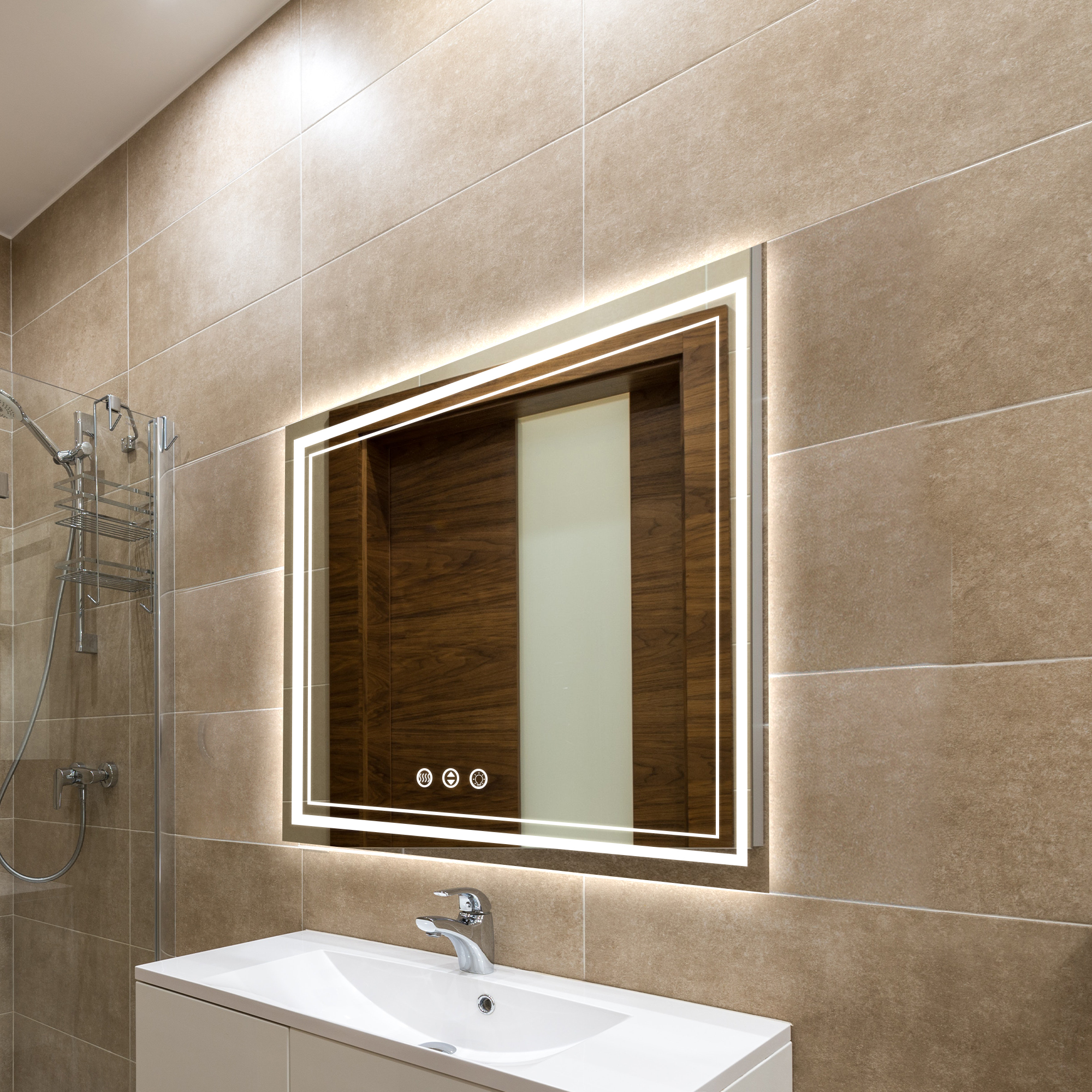 Rectangular Frameless LED Bathroom Mirror with Anti-Fog & Adjustable Color