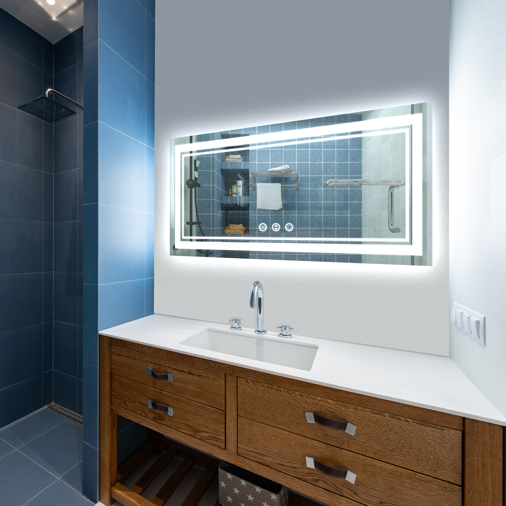 Rectangular Frameless LED Bathroom Mirror with Anti-Fog & Adjustable Color
