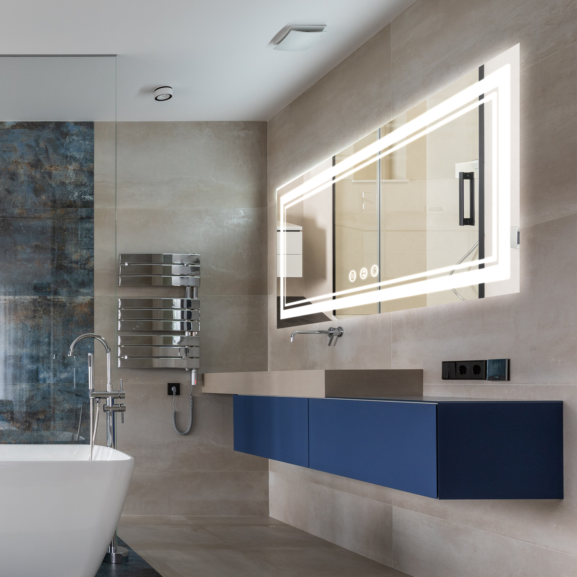Rectangular Frameless LED Bathroom Mirror with Anti-Fog & Adjustable Color
