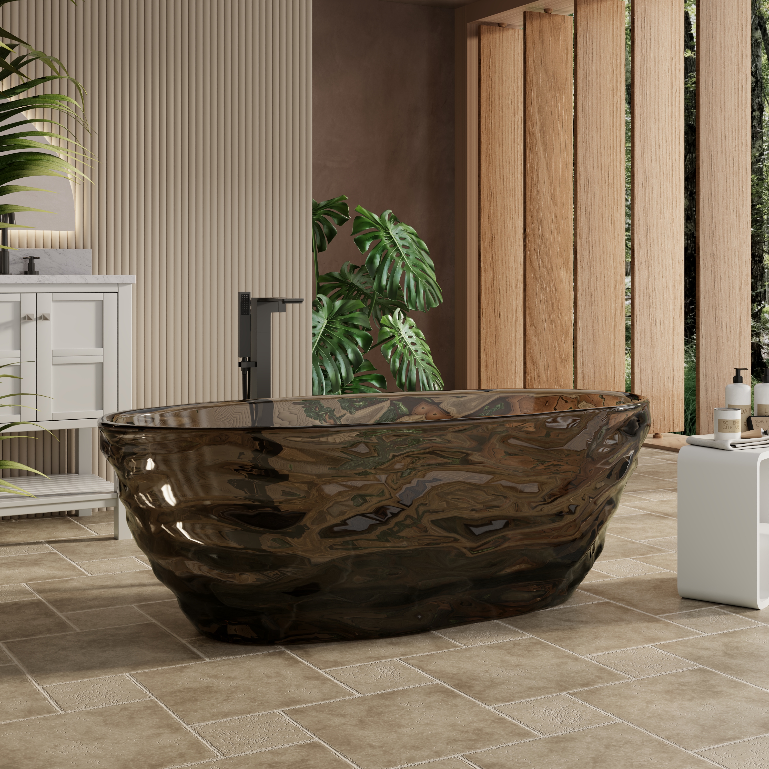 67" Contemporary Pure Resin Freestanding Soaking Bathtub with Wave Texture