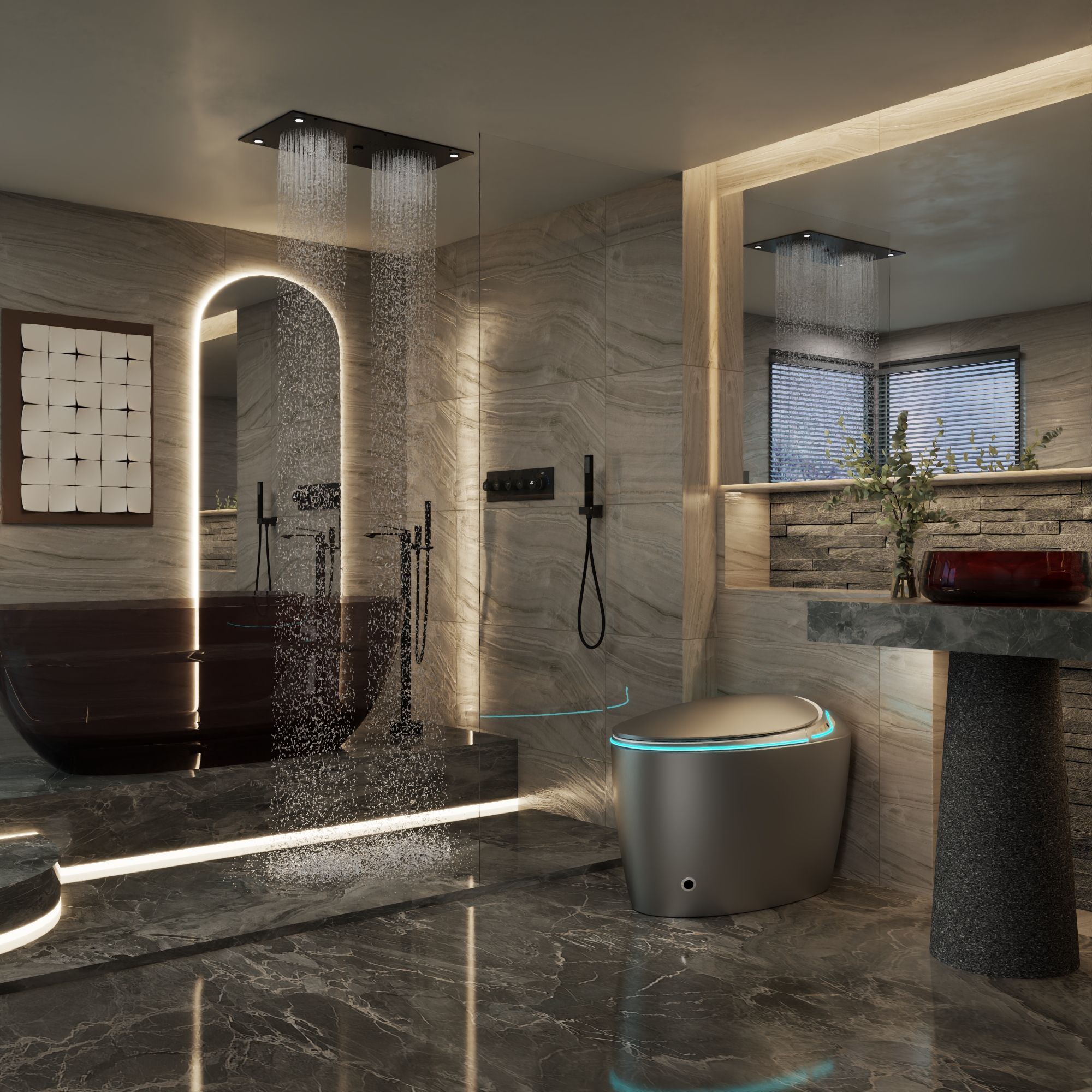 Egg-Shaped Smart Toilet with Automatic Lid, Heated Seat & Bidet Wash, Black & Pink